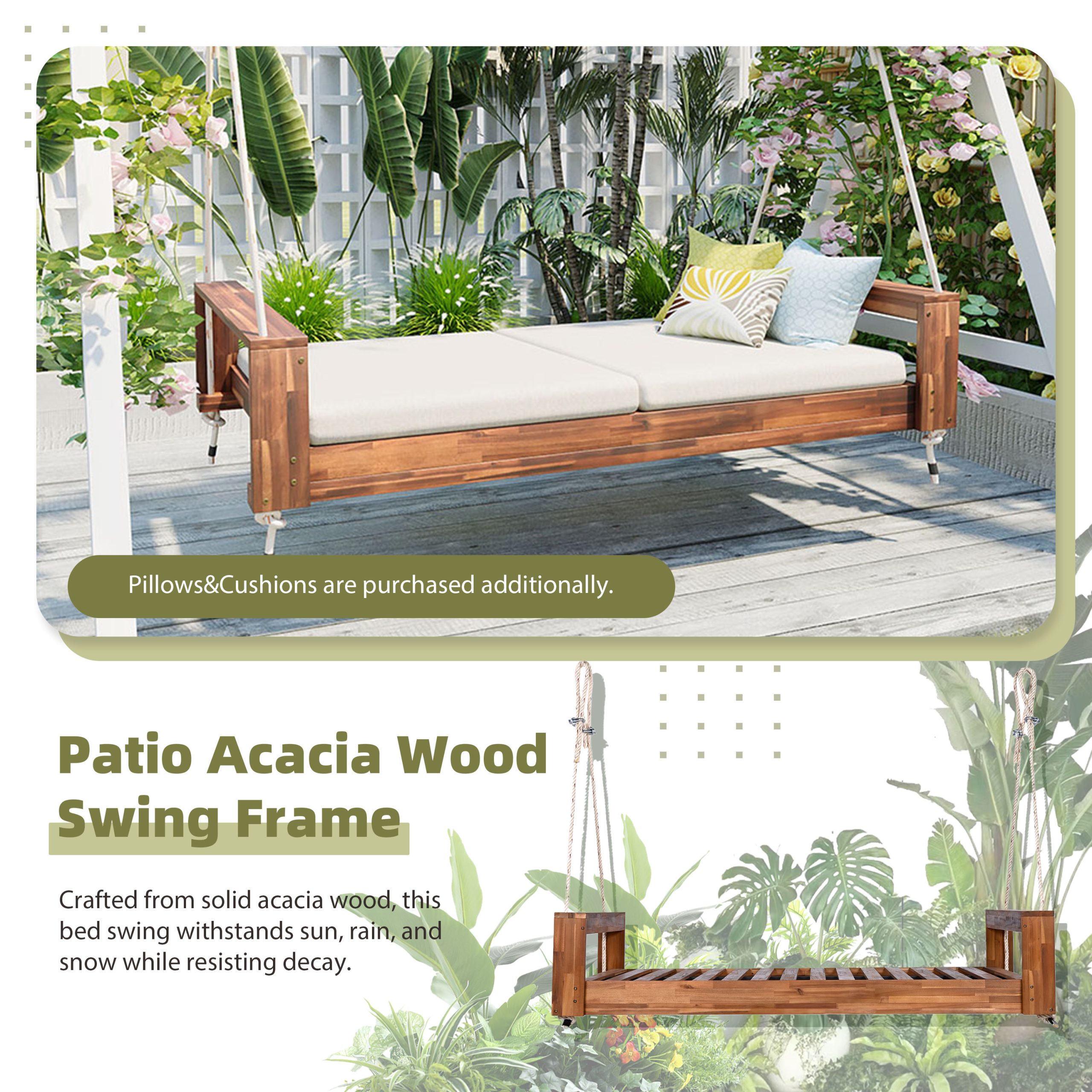 TOPMAX Twin Size Porch Swing Bed Seating Group, Patio Acacia Wood Swing Frame with Hemp Ropes for Garden, Backyard, Natural - Image 5