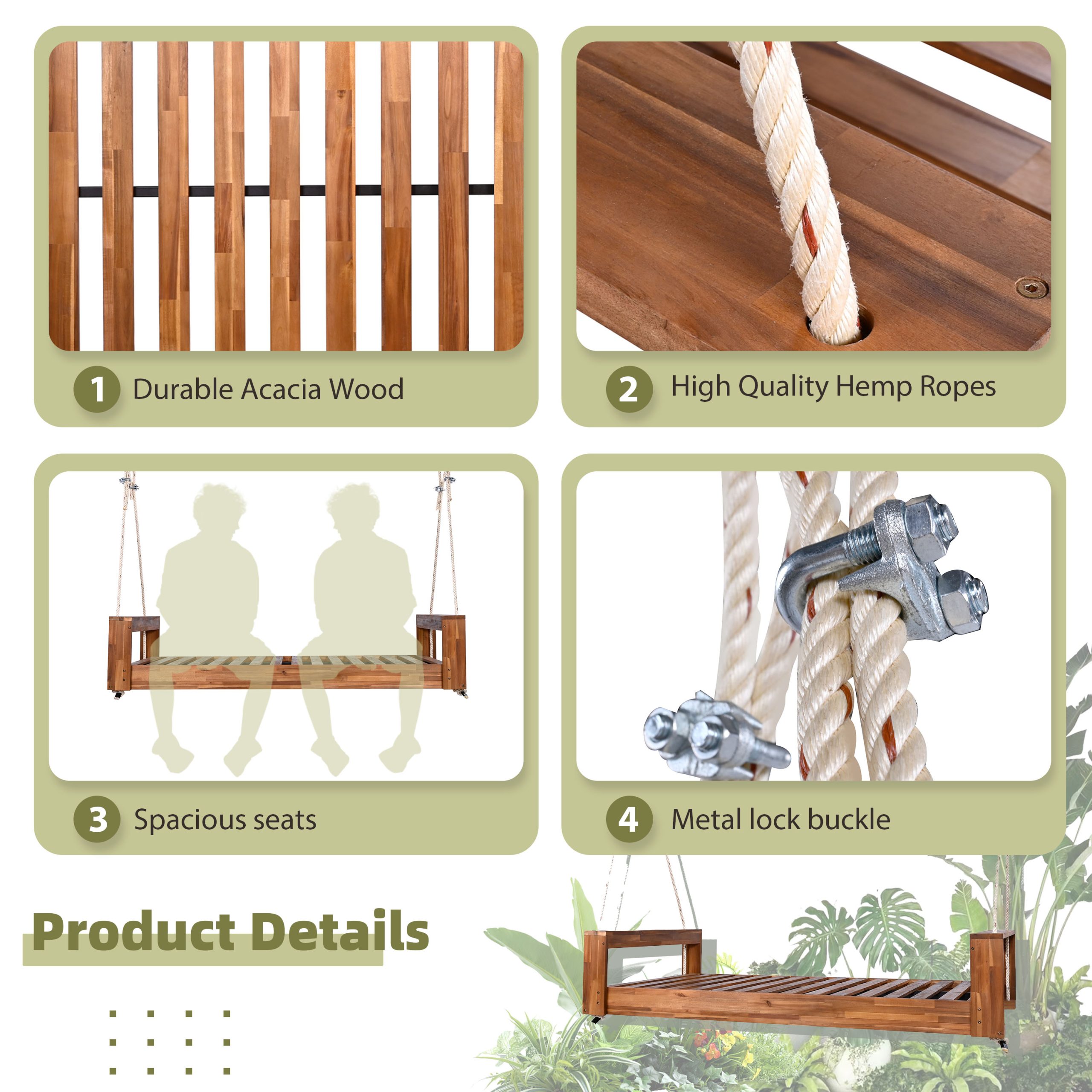 TOPMAX Twin Size Porch Swing Bed Seating Group, Patio Acacia Wood Swing Frame with Hemp Ropes for Garden, Backyard, Natural - Image 6