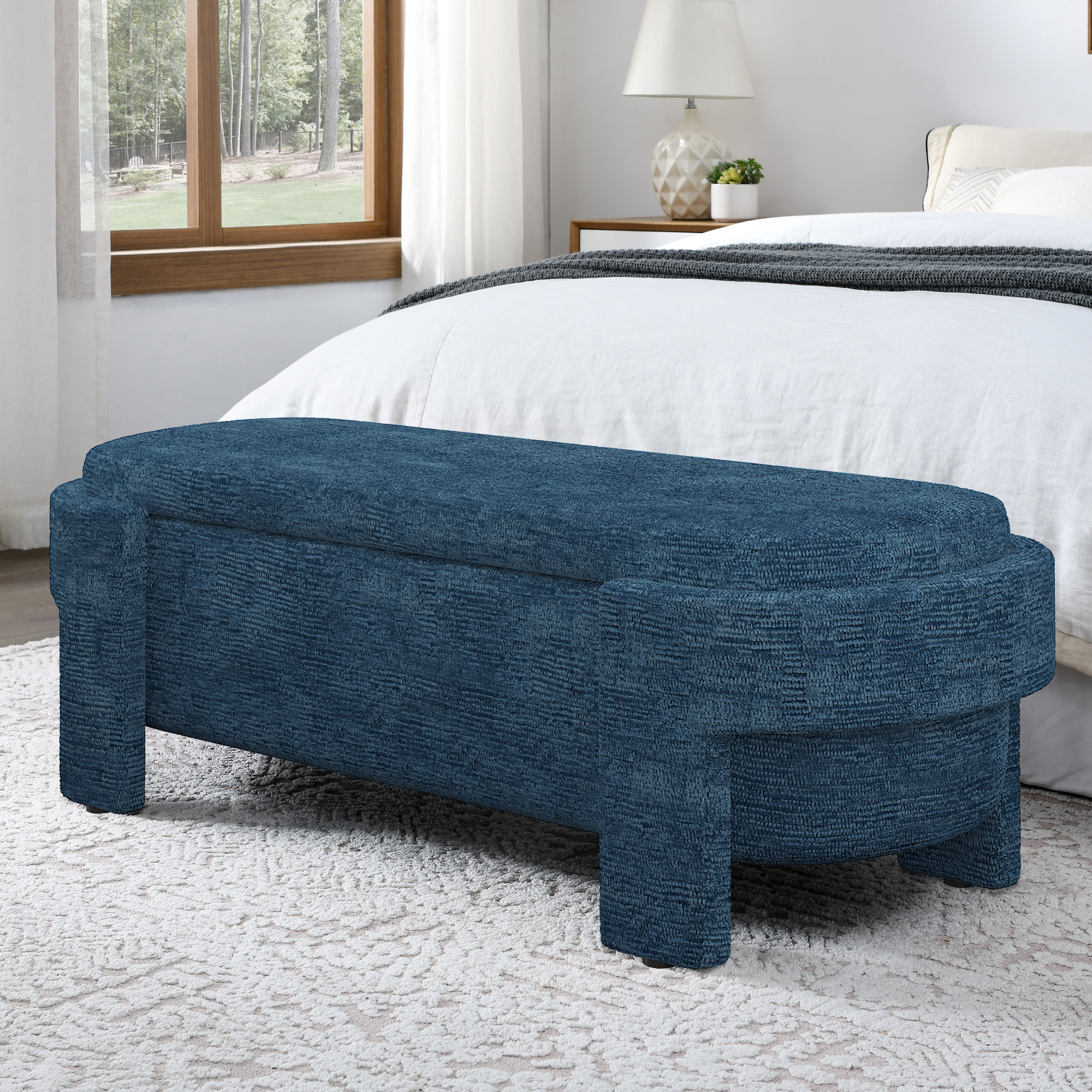 Linen Fabric Upholstered Bench with Large Storage Space for the Living Room, Entryway and Bedroom,dark blue( 51.5''x20.5''x17'' ) - Image 2