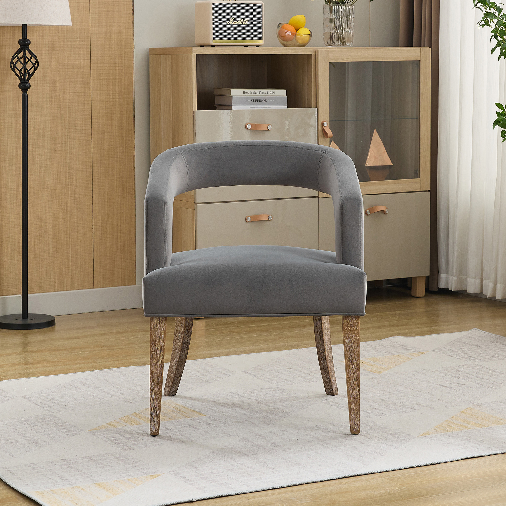 25.79" Wide Modern Barrel Open Back Upholstered Accent Chair with Weathered Solid Wood Legs Dining Chairs for Dining Room, Club, Kitchen and Living Room. Gray Velvet - Image 2