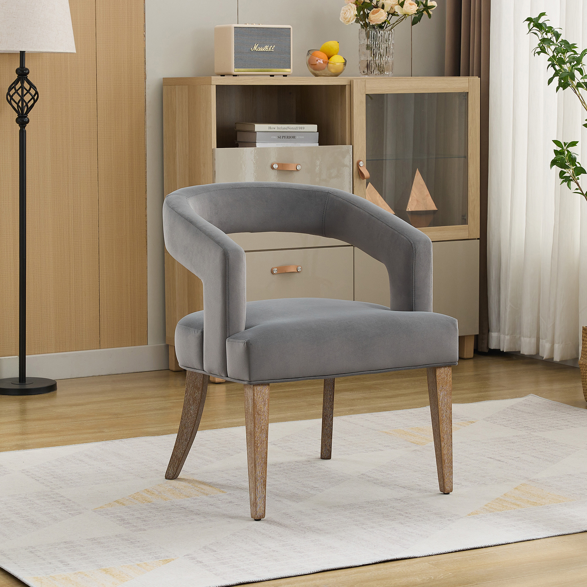 25.79" Wide Modern Barrel Open Back Upholstered Accent Chair with Weathered Solid Wood Legs Dining Chairs for Dining Room, Club, Kitchen and Living Room. Gray Velvet - Image 3