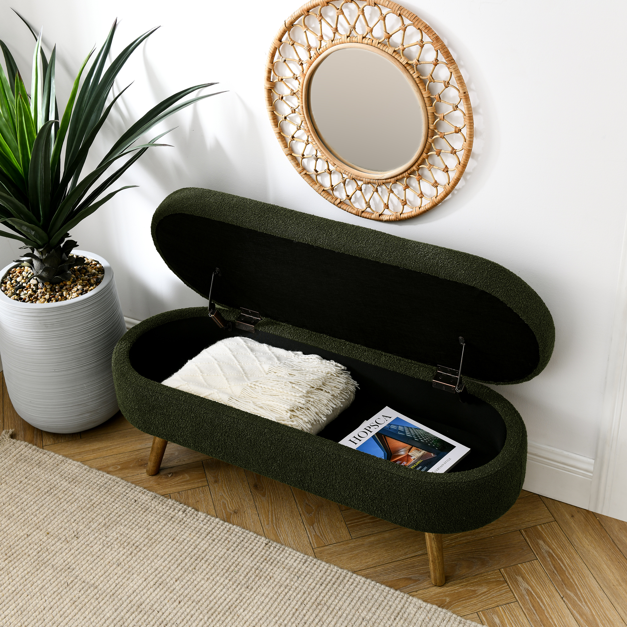 Ottoman Oval Storage Bench,Rubber Wood Legs, Green(43.5"x16"x16") - Image 2