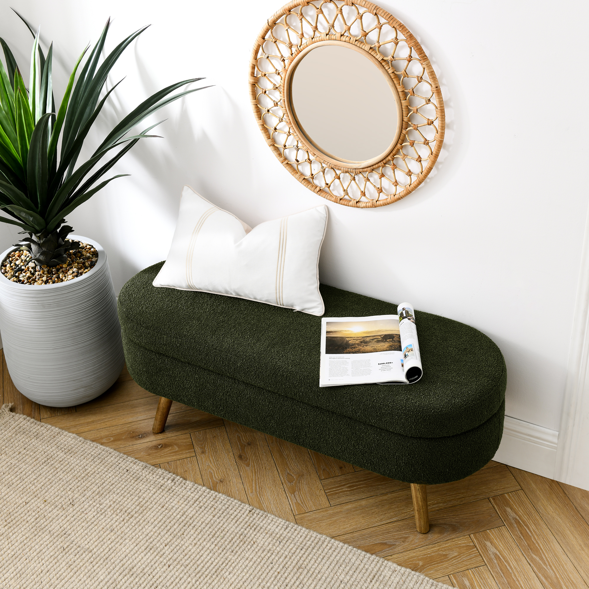 Ottoman Oval Storage Bench,Rubber Wood Legs, Green(43.5"x16"x16") - Image 3
