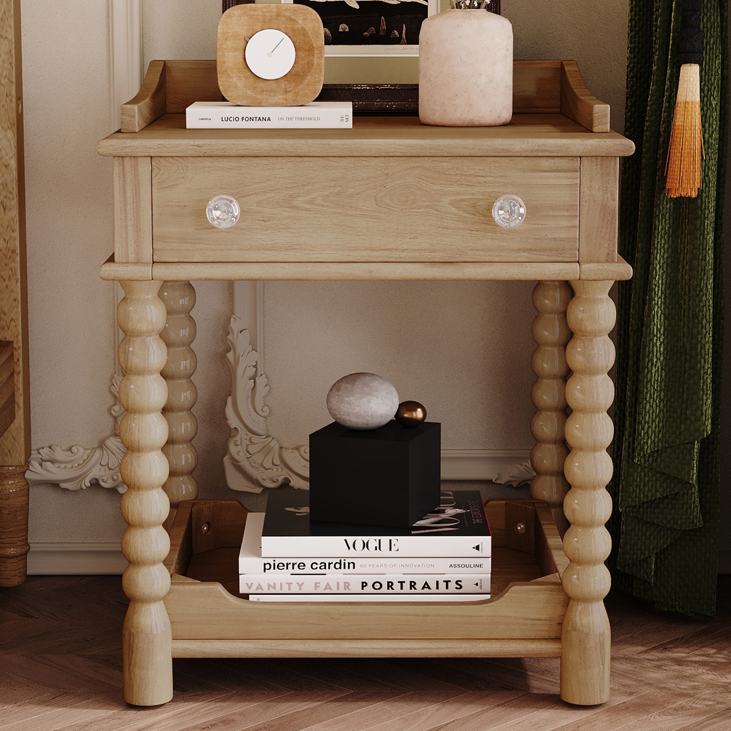 Retro Style Nightstand with Drawer and Open Shelf for Bedroom, Bedside Table with Turned Legs and Metal Handle,Natural - Image 2