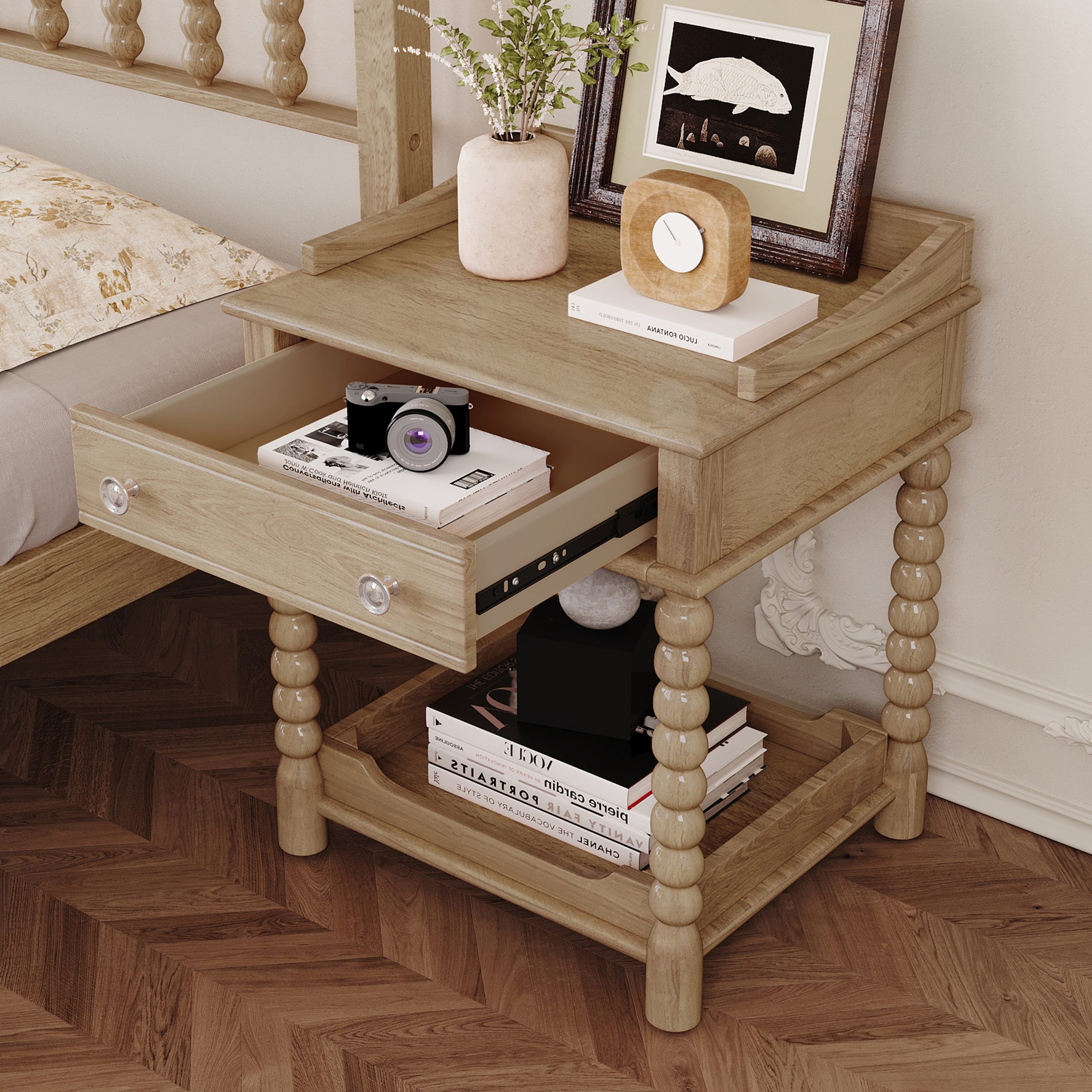 Retro Style Nightstand with Drawer and Open Shelf for Bedroom, Bedside Table with Turned Legs and Metal Handle,Natural - Image 3