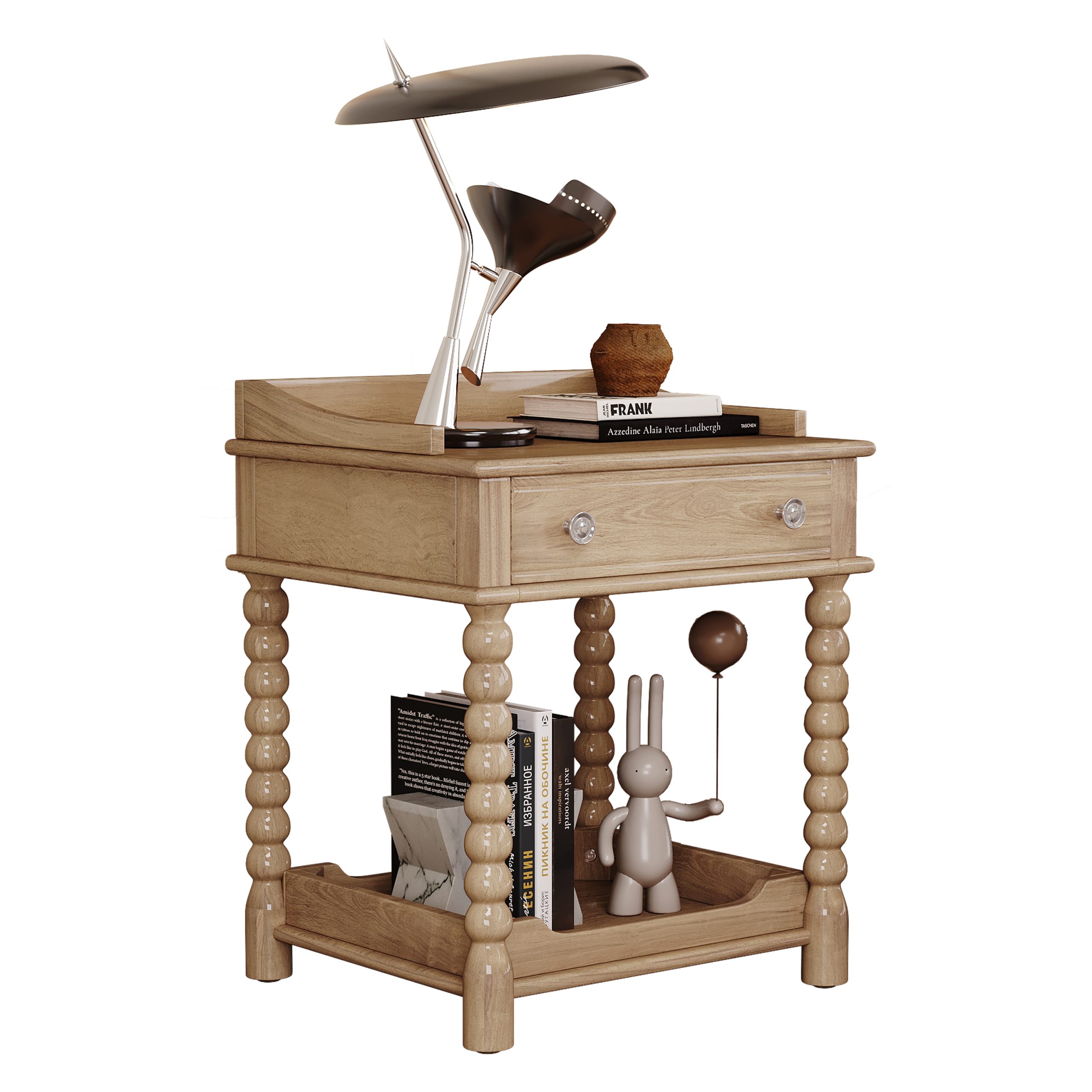 Retro Style Nightstand with Drawer and Open Shelf for Bedroom, Bedside Table with Turned Legs and Metal Handle,Natural - Image 4