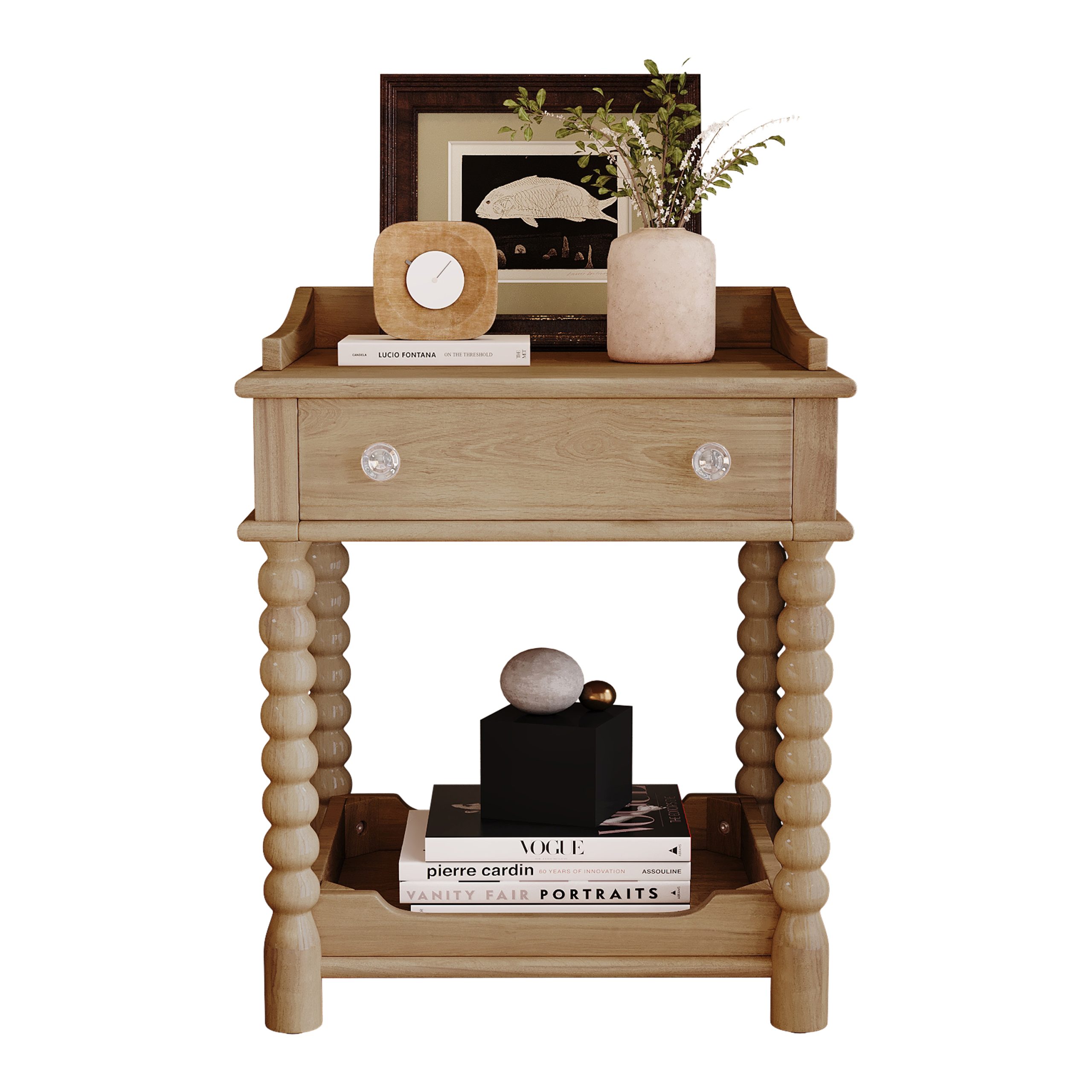 Retro Style Nightstand with Drawer and Open Shelf for Bedroom, Bedside Table with Turned Legs and Metal Handle,Natural - Image 5