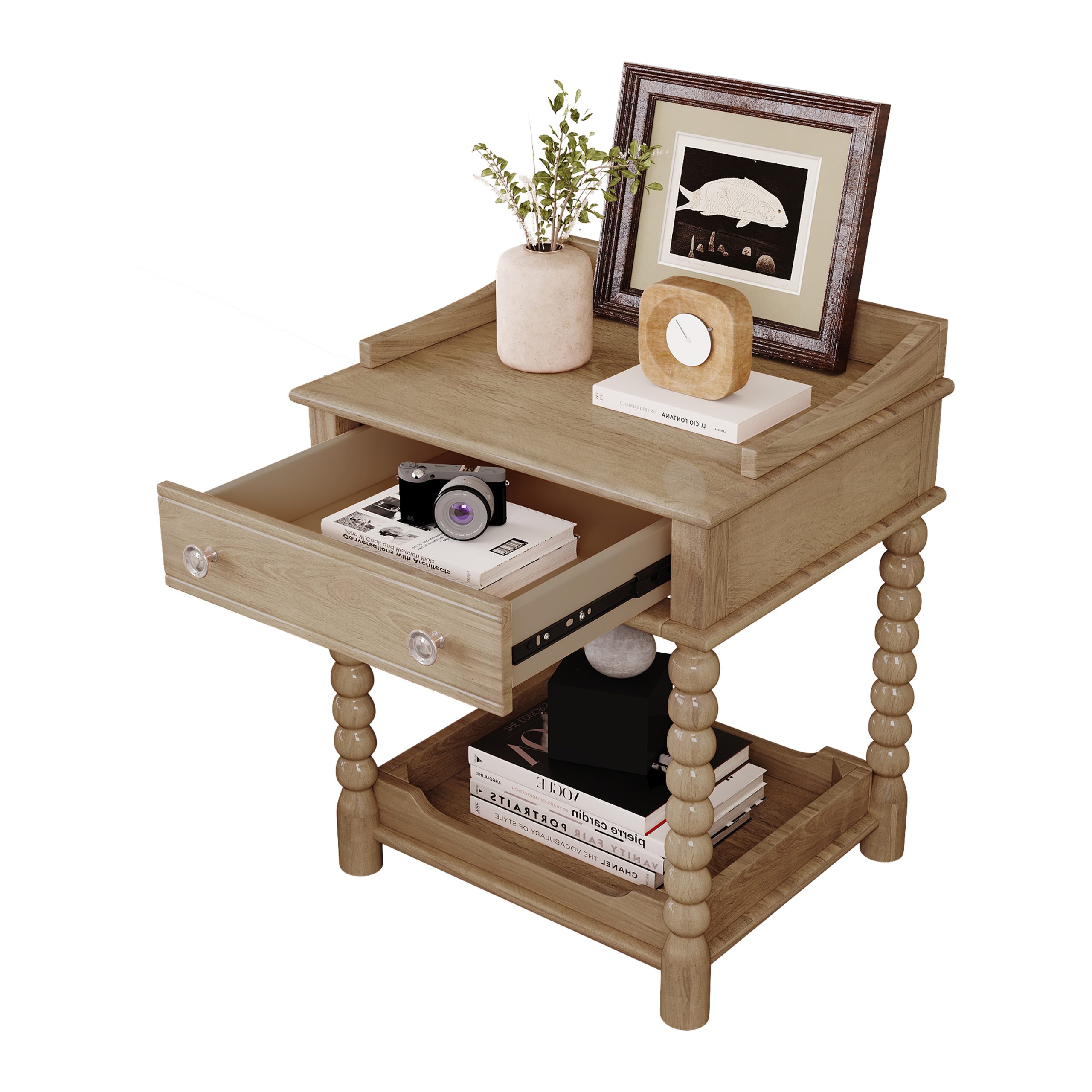 Retro Style Nightstand with Drawer and Open Shelf for Bedroom, Bedside Table with Turned Legs and Metal Handle,Natural - Image 6