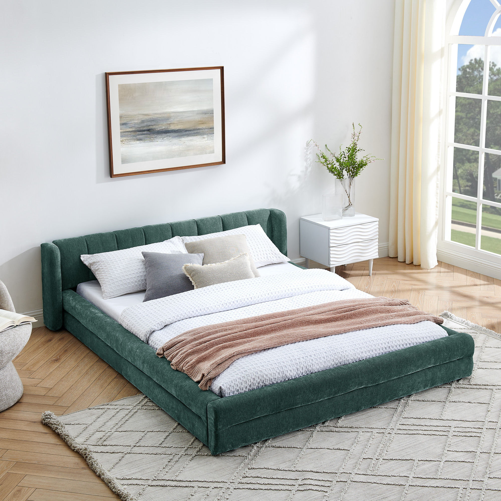 Queen Size Upholstered Bed Frame with Thick Fabric, Chenille Fabric Grounded Queen Size Platform Bed with Headboard and Solid Frame-GREEN+Blue(87''*67''*23.5'') - Image 1