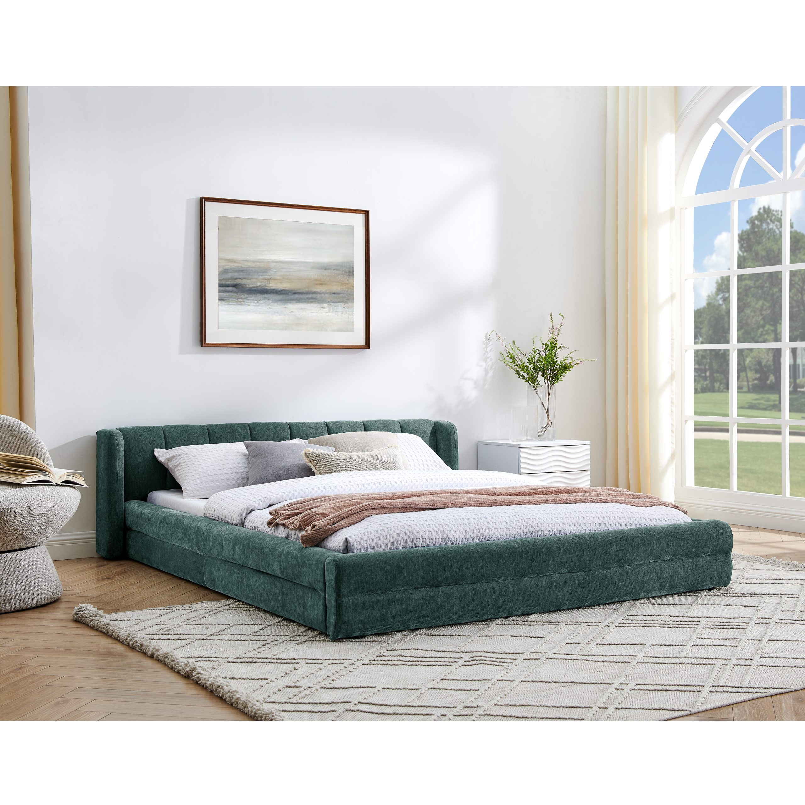 Queen Size Upholstered Bed Frame with Thick Fabric, Chenille Fabric Grounded Queen Size Platform Bed with Headboard and Solid Frame-GREEN+Blue(87''*67''*23.5'') - Image 2