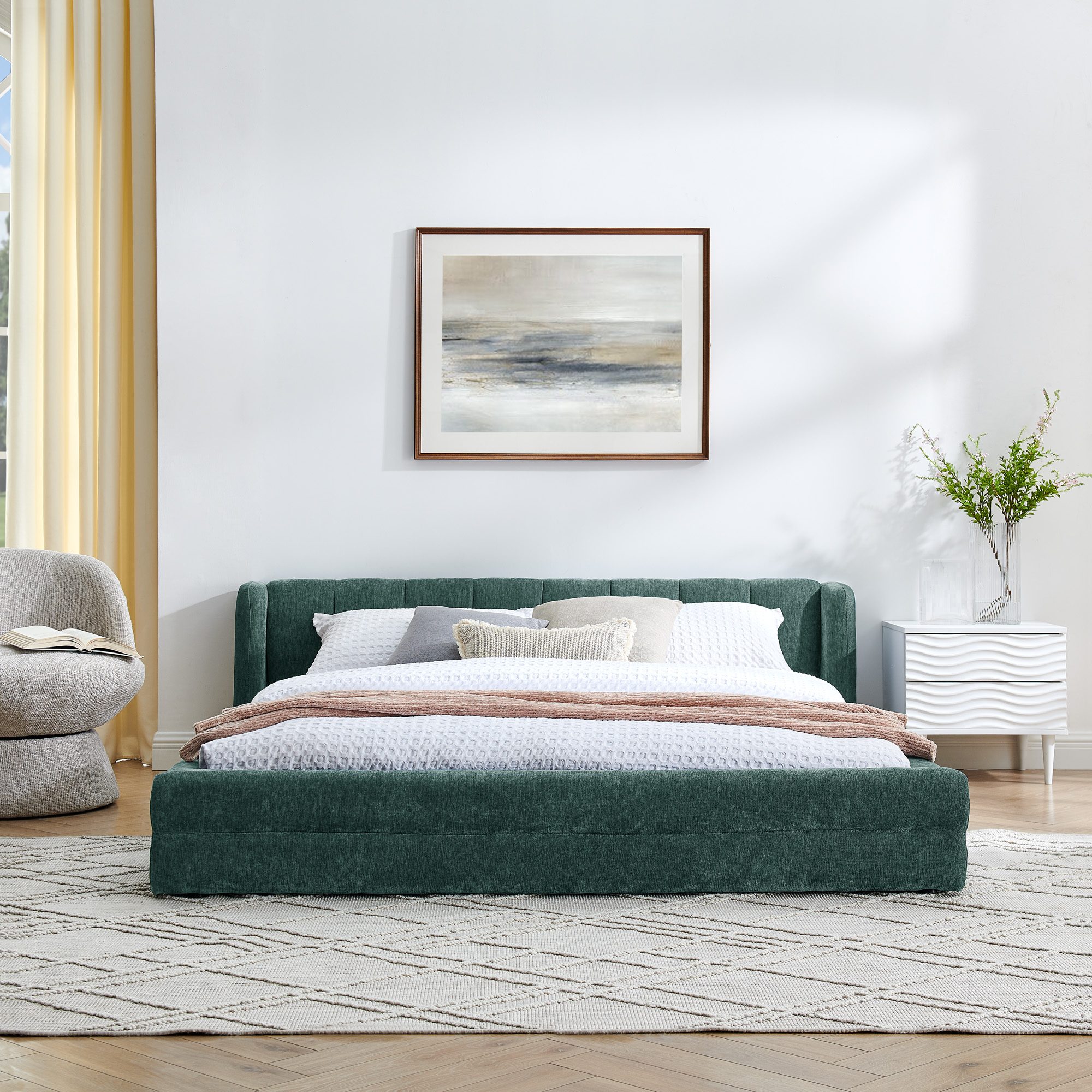 Queen Size Upholstered Bed Frame with Thick Fabric, Chenille Fabric Grounded Queen Size Platform Bed with Headboard and Solid Frame-GREEN+Blue(87''*67''*23.5'') - Image 3
