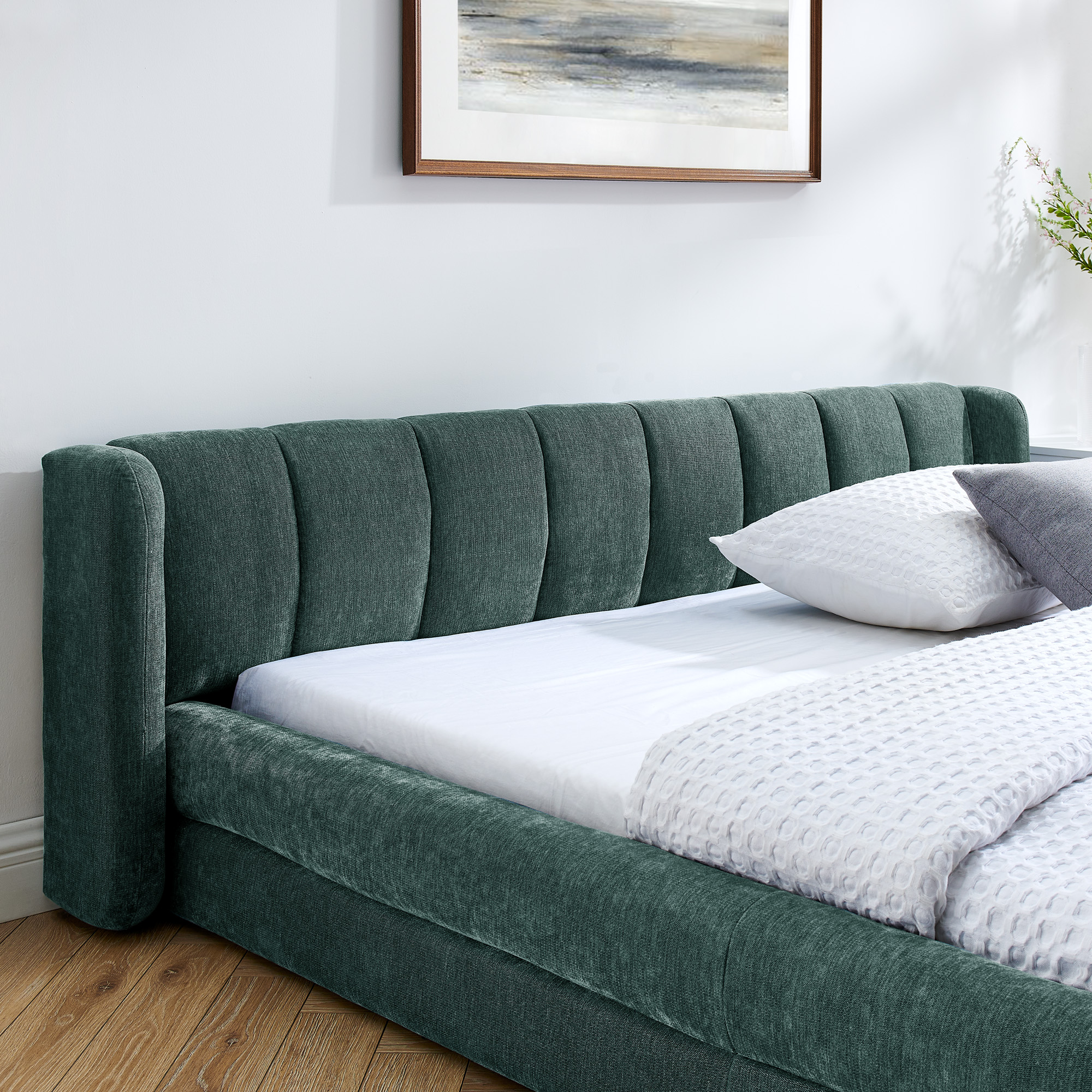 Queen Size Upholstered Bed Frame with Thick Fabric, Chenille Fabric Grounded Queen Size Platform Bed with Headboard and Solid Frame-GREEN+Blue(87''*67''*23.5'') - Image 4