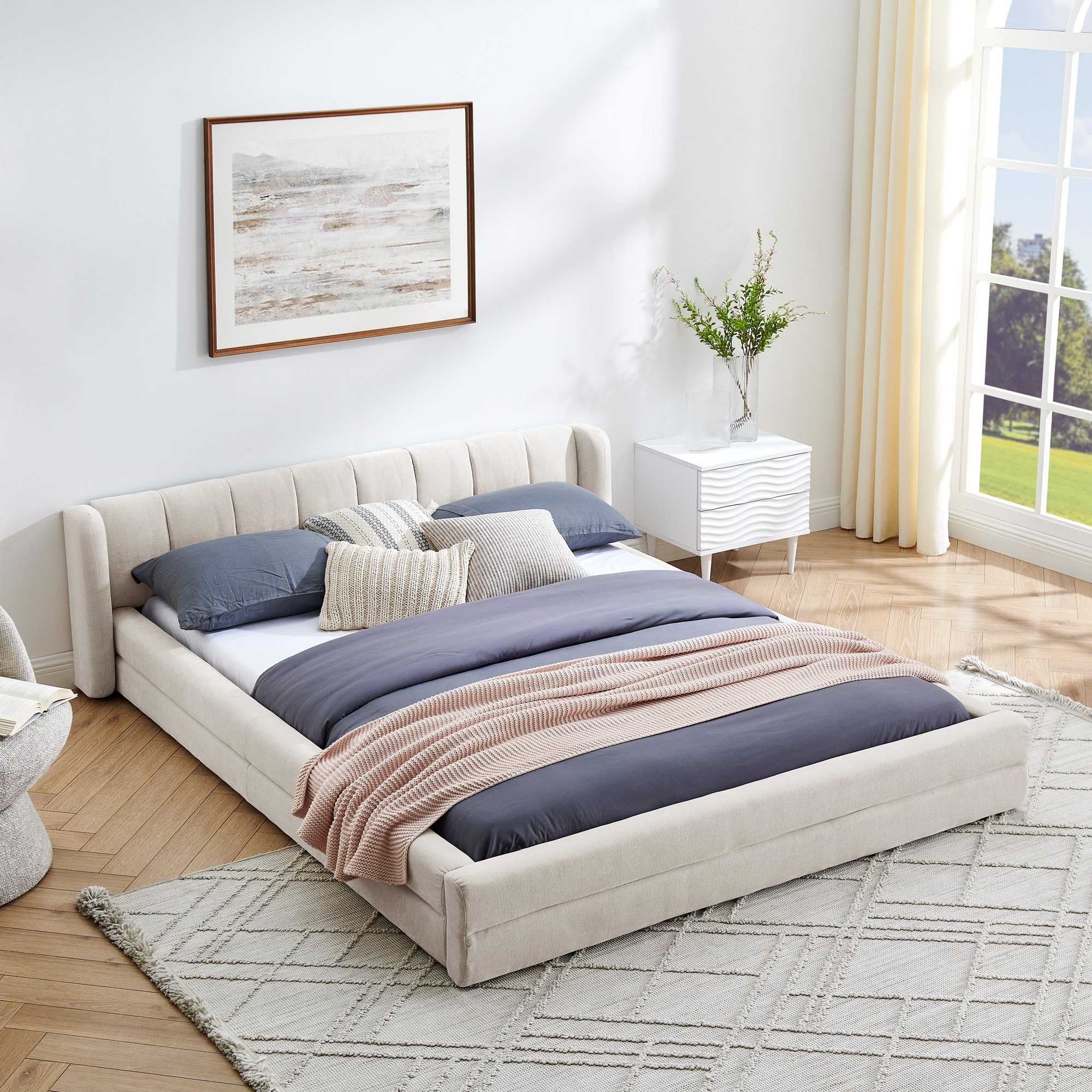 Queen Size Upholstered Bed Frame with Thick Fabric, Chenille Fabric Grounded Queen Size Platform Bed with Headboard and Solid Frame-Beige(87”*67”*23.5”)