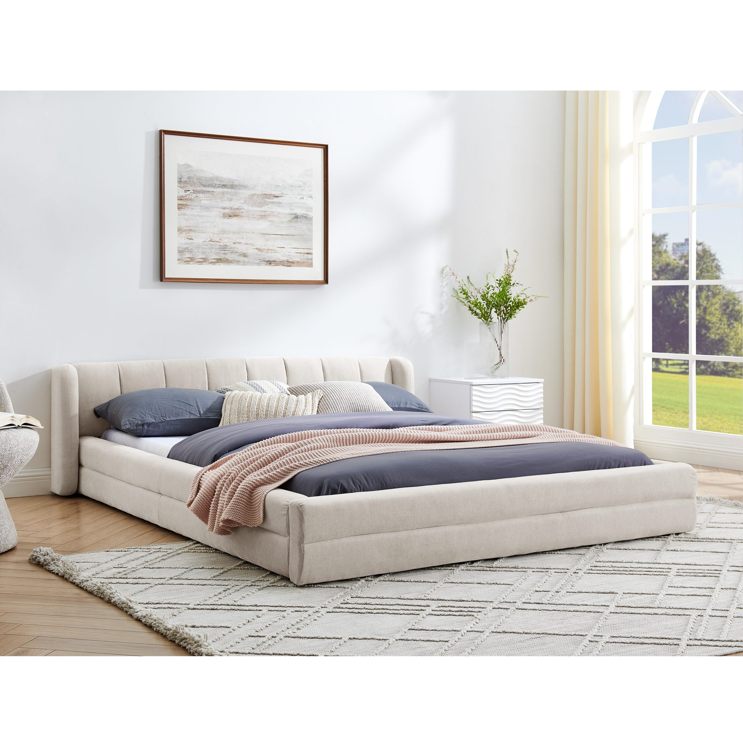 Queen Size Upholstered Bed Frame with Thick Fabric, Chenille Fabric Grounded Queen Size Platform Bed with Headboard and Solid Frame-Beige(87''*67''*23.5'') - Image 2