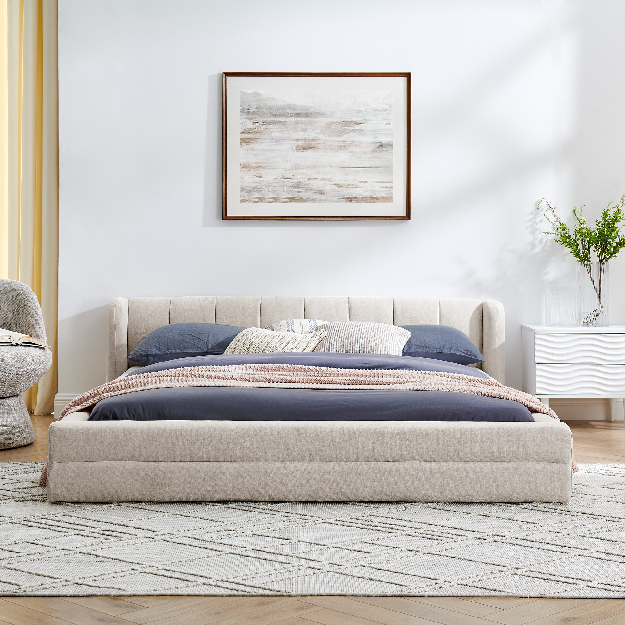 Queen Size Upholstered Bed Frame with Thick Fabric, Chenille Fabric Grounded Queen Size Platform Bed with Headboard and Solid Frame-Beige(87''*67''*23.5'') - Image 3