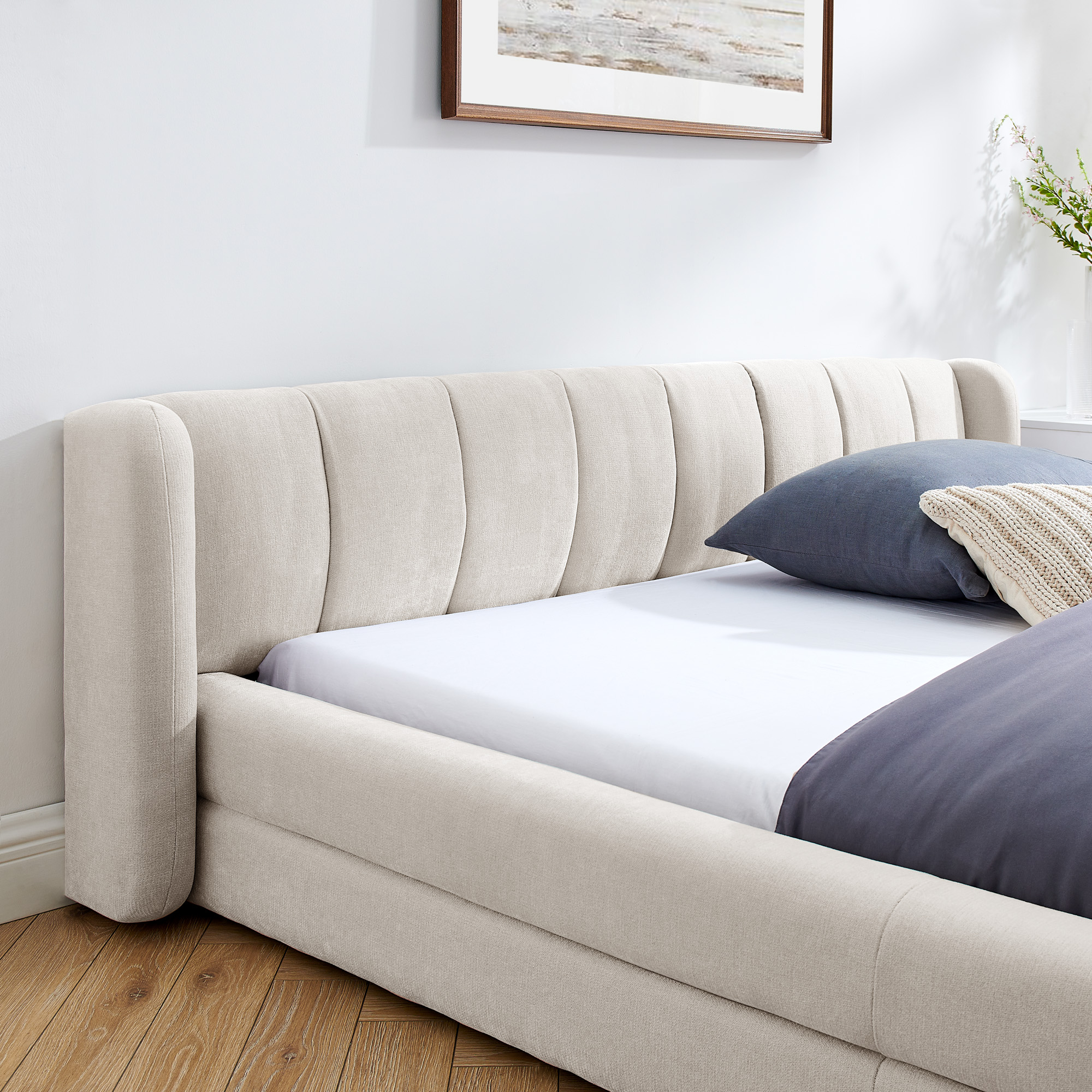 Queen Size Upholstered Bed Frame with Thick Fabric, Chenille Fabric Grounded Queen Size Platform Bed with Headboard and Solid Frame-Beige(87''*67''*23.5'') - Image 4