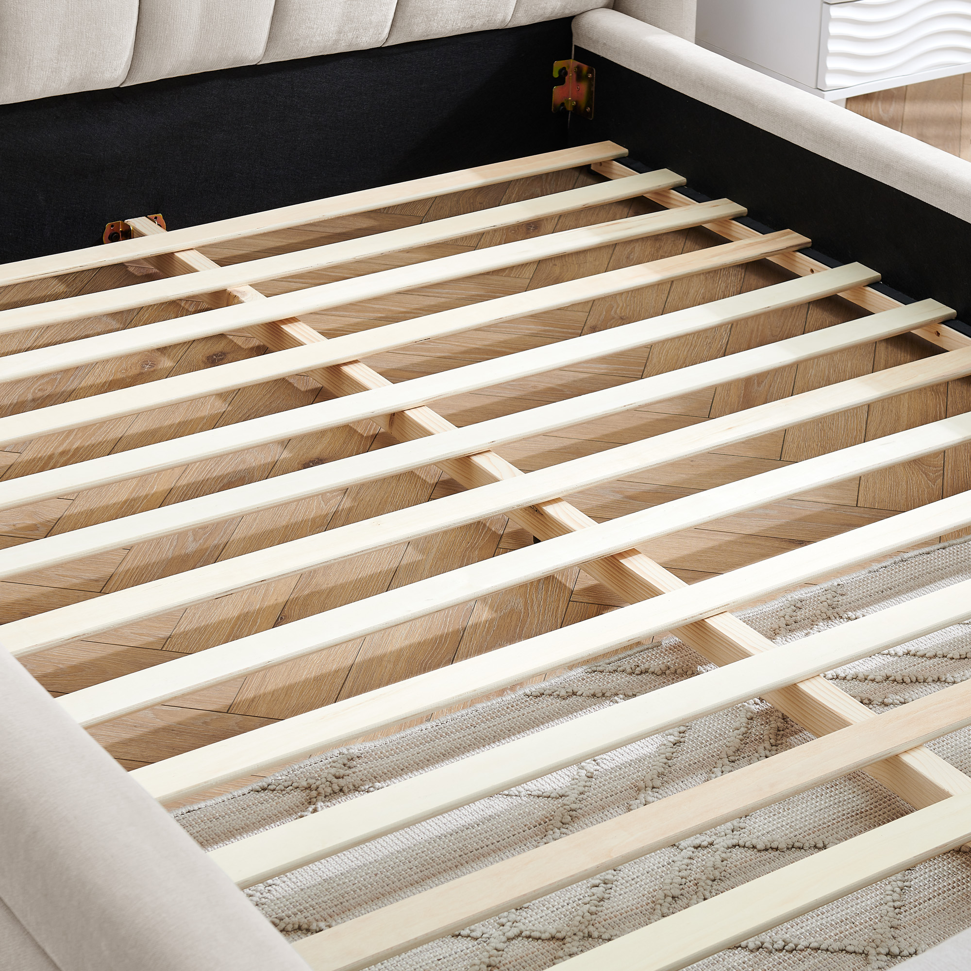 Queen Size Upholstered Bed Frame with Thick Fabric, Chenille Fabric Grounded Queen Size Platform Bed with Headboard and Solid Frame-Beige(87''*67''*23.5'') - Image 5