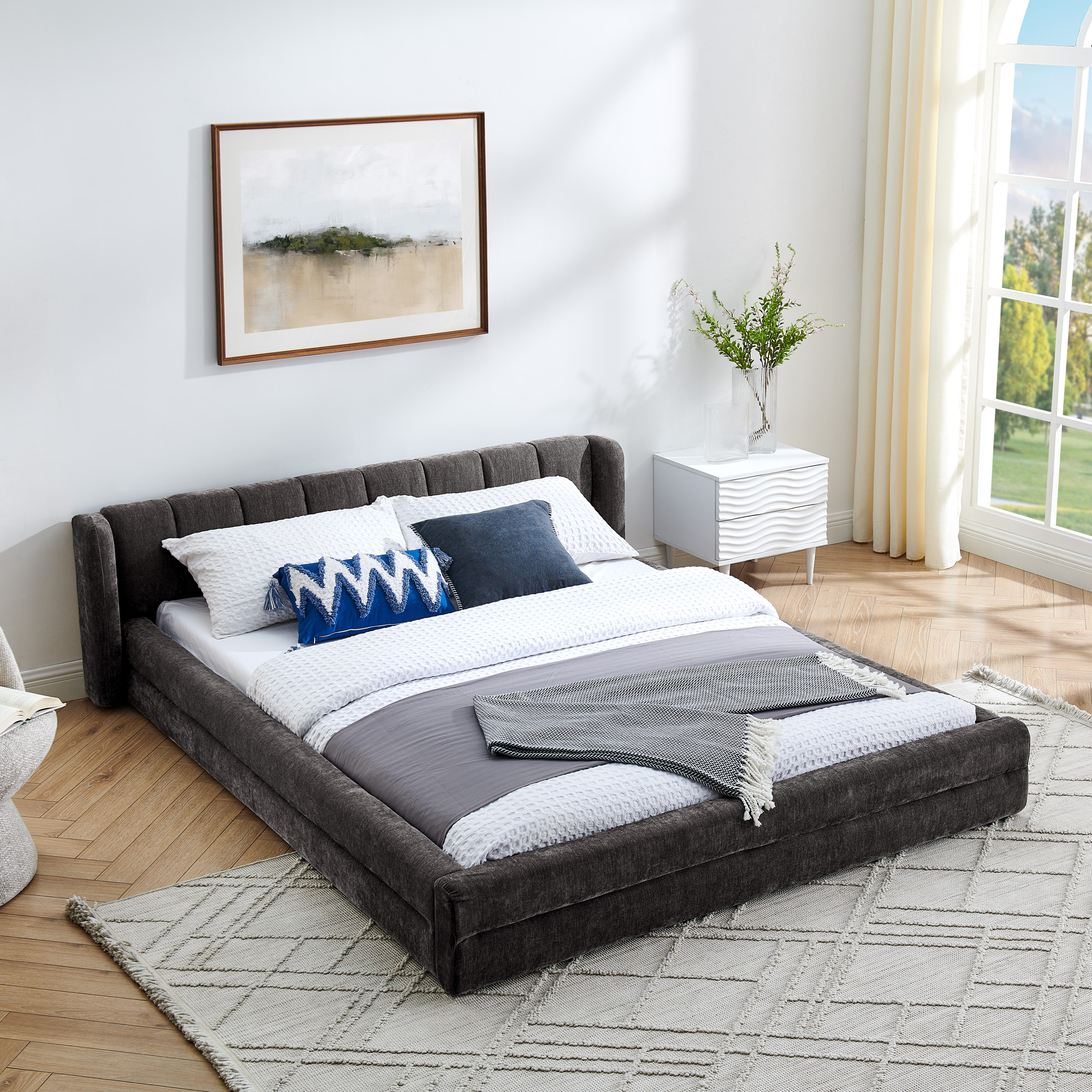 Queen Size Upholstered Bed Frame with Thick Fabric, Chenille Fabric Grounded Queen Size Platform Bed with Headboard and Solid Frame-DARK GREY(87”*67”*23.5”)