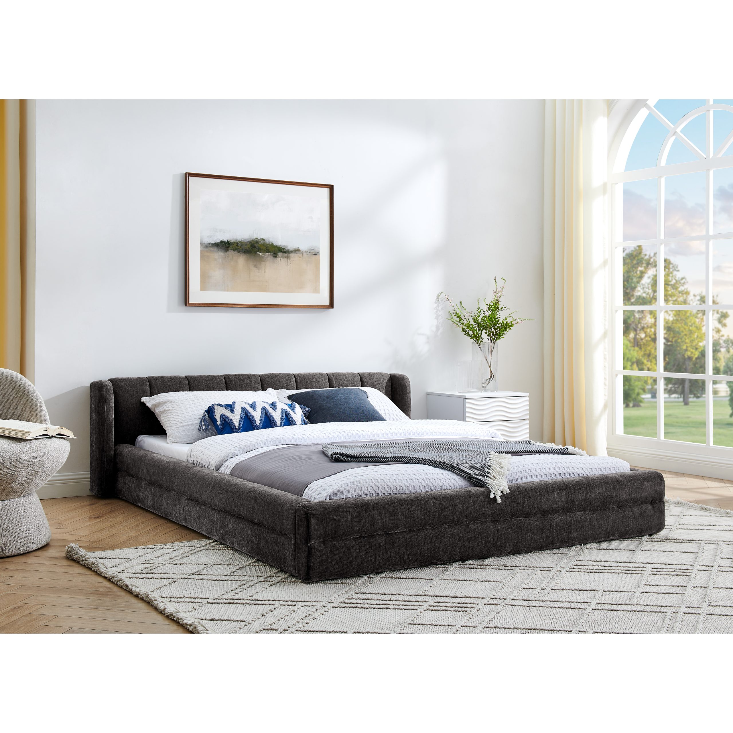 Queen Size Upholstered Bed Frame with Thick Fabric, Chenille Fabric Grounded Queen Size Platform Bed with Headboard and Solid Frame-DARK GREY(87''*67''*23.5'') - Image 2