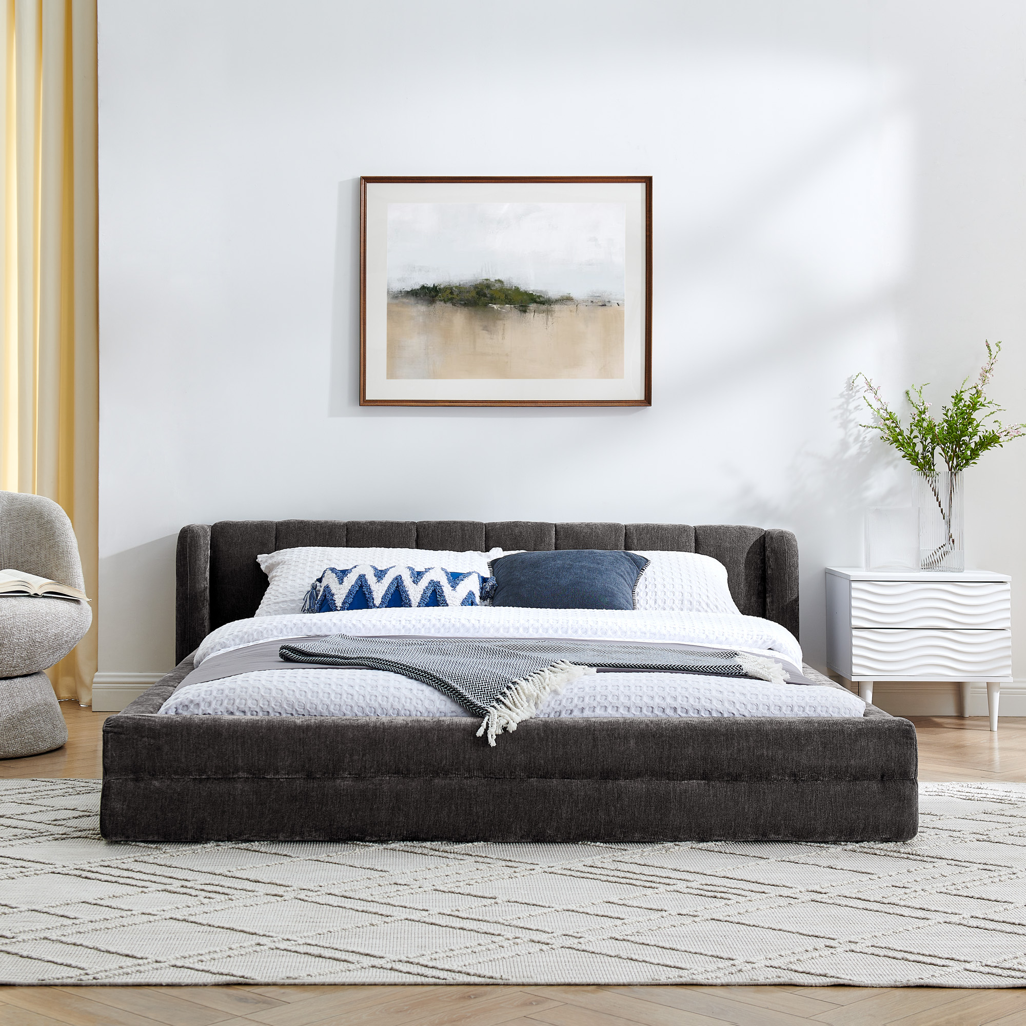 Queen Size Upholstered Bed Frame with Thick Fabric, Chenille Fabric Grounded Queen Size Platform Bed with Headboard and Solid Frame-DARK GREY(87''*67''*23.5'') - Image 3