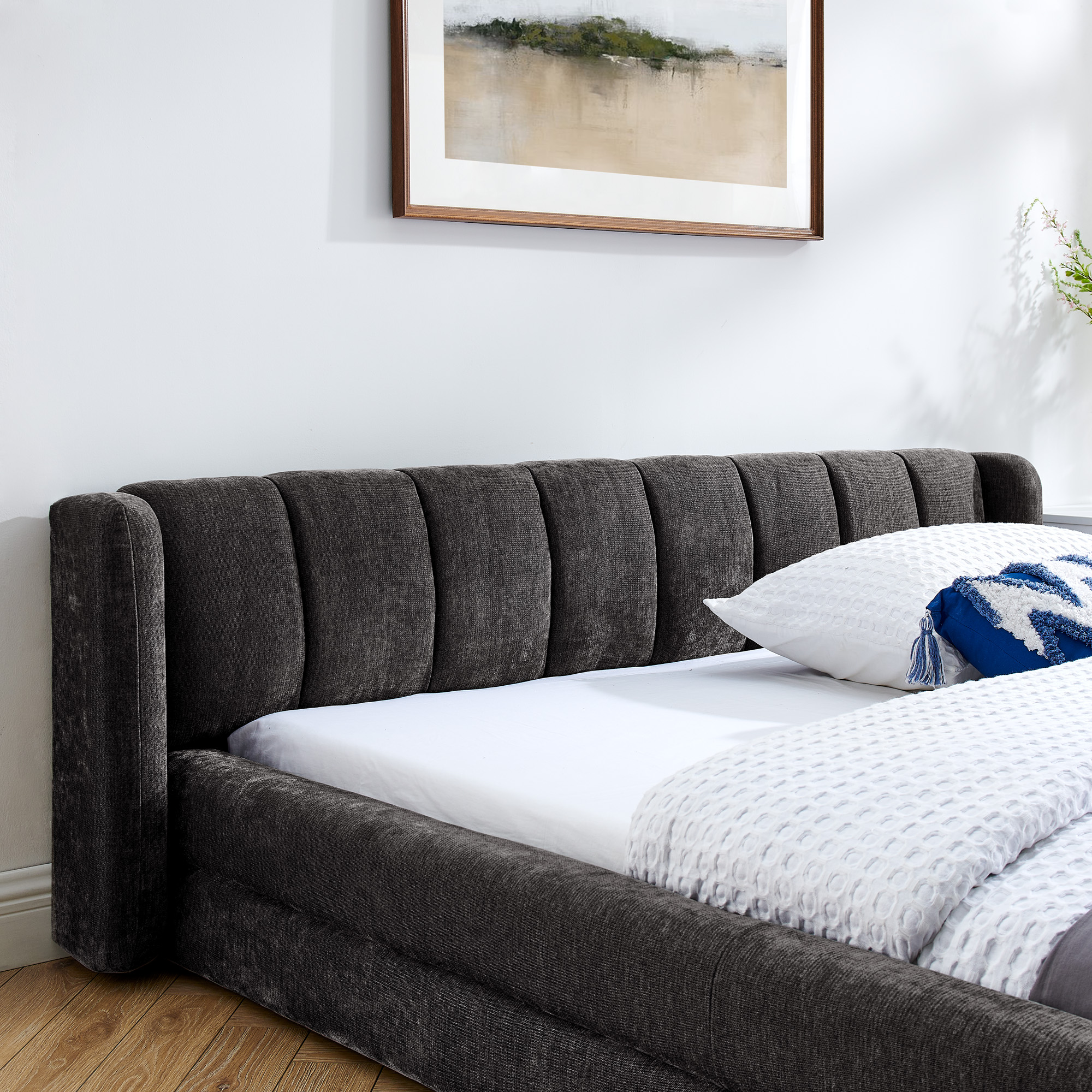 Queen Size Upholstered Bed Frame with Thick Fabric, Chenille Fabric Grounded Queen Size Platform Bed with Headboard and Solid Frame-DARK GREY(87''*67''*23.5'') - Image 4