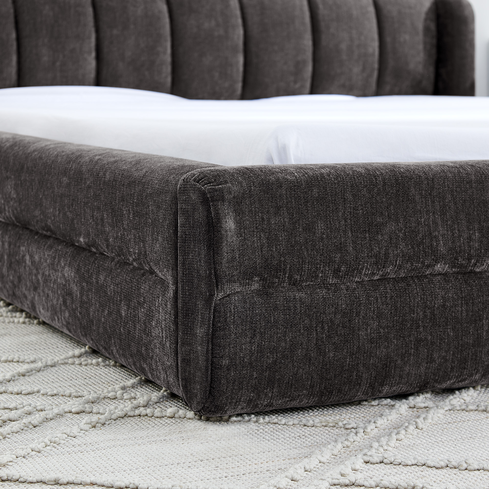 Queen Size Upholstered Bed Frame with Thick Fabric, Chenille Fabric Grounded Queen Size Platform Bed with Headboard and Solid Frame-DARK GREY(87''*67''*23.5'') - Image 6