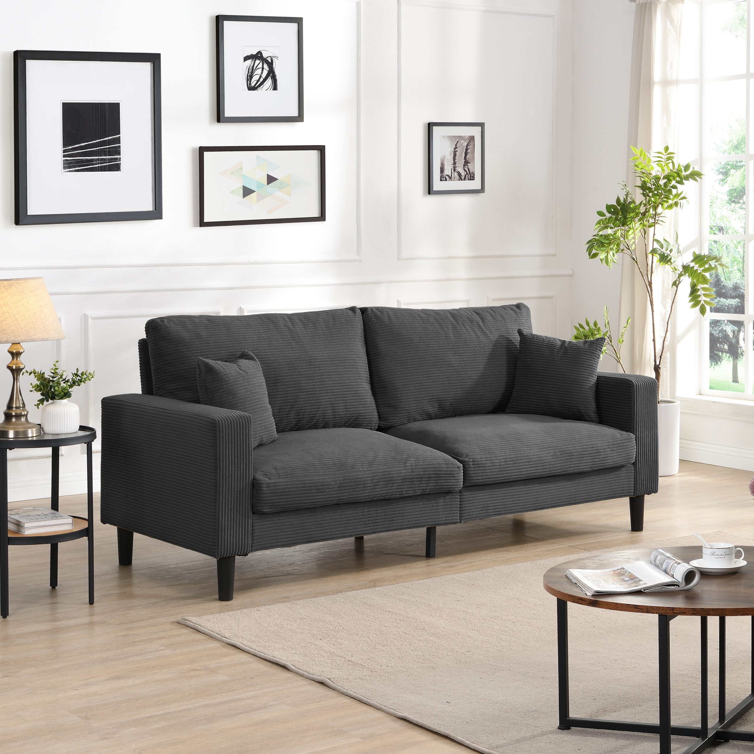 74" High Resilience three seater Sofa, Wooden Frame 3 Seat Sofa, Comfy , Modern Upholstered Sofa, Living Room Bedroom Apartment , Dark gray - Image 2