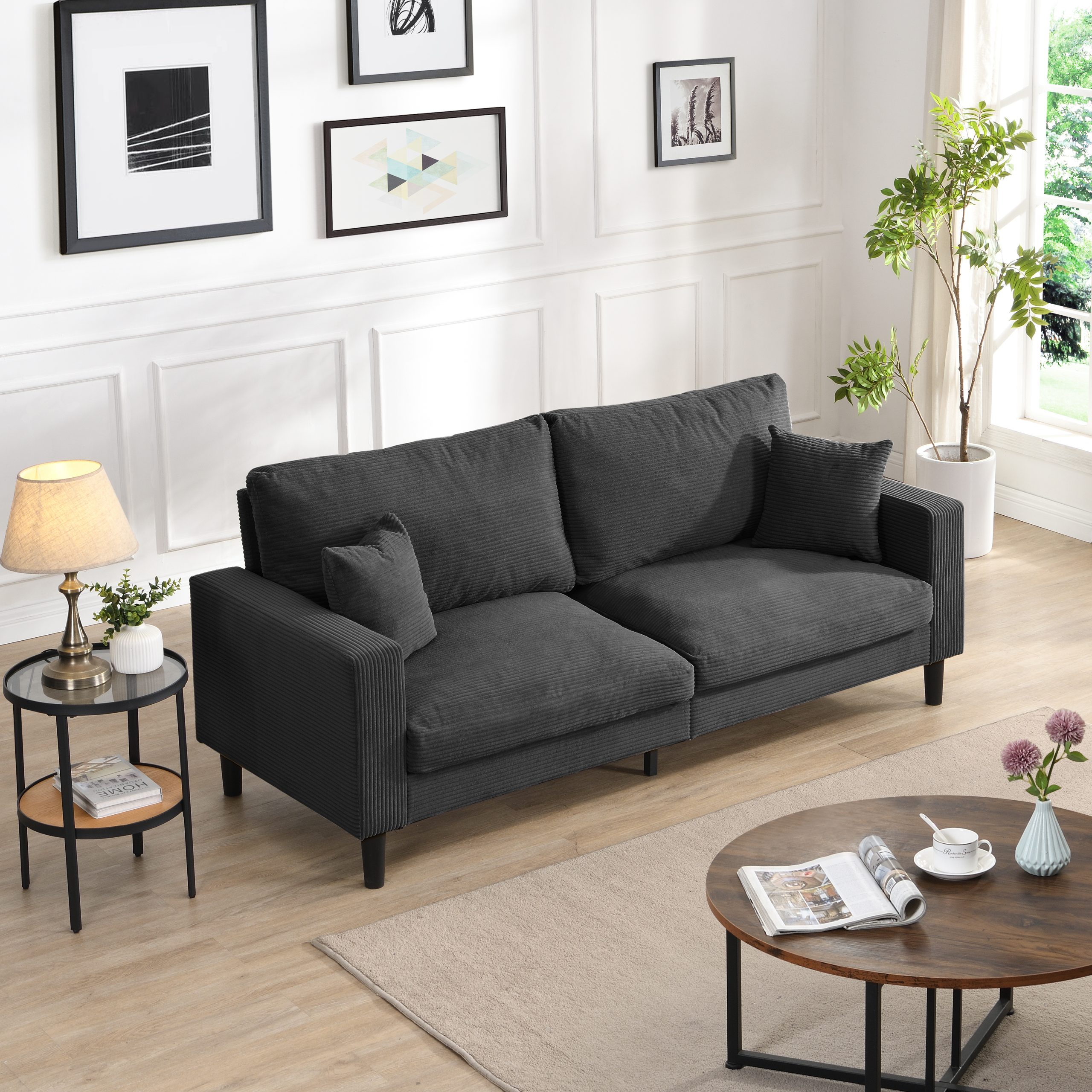 74" High Resilience three seater Sofa, Wooden Frame 3 Seat Sofa, Comfy , Modern Upholstered Sofa, Living Room Bedroom Apartment , Dark gray - Image 3
