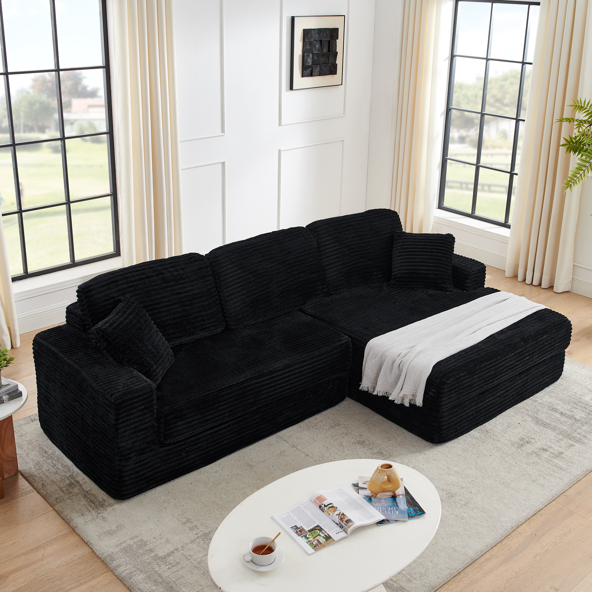 Right sofa seat,L shape Modular Sectional Sofa, Compressed Sectional Sofa Modern Minimalist Style Corduroy Couch,Unfold into a bed, Bedroom, Comfy Compressed Sofa Couch Space-Efficient Design-black - Image 2