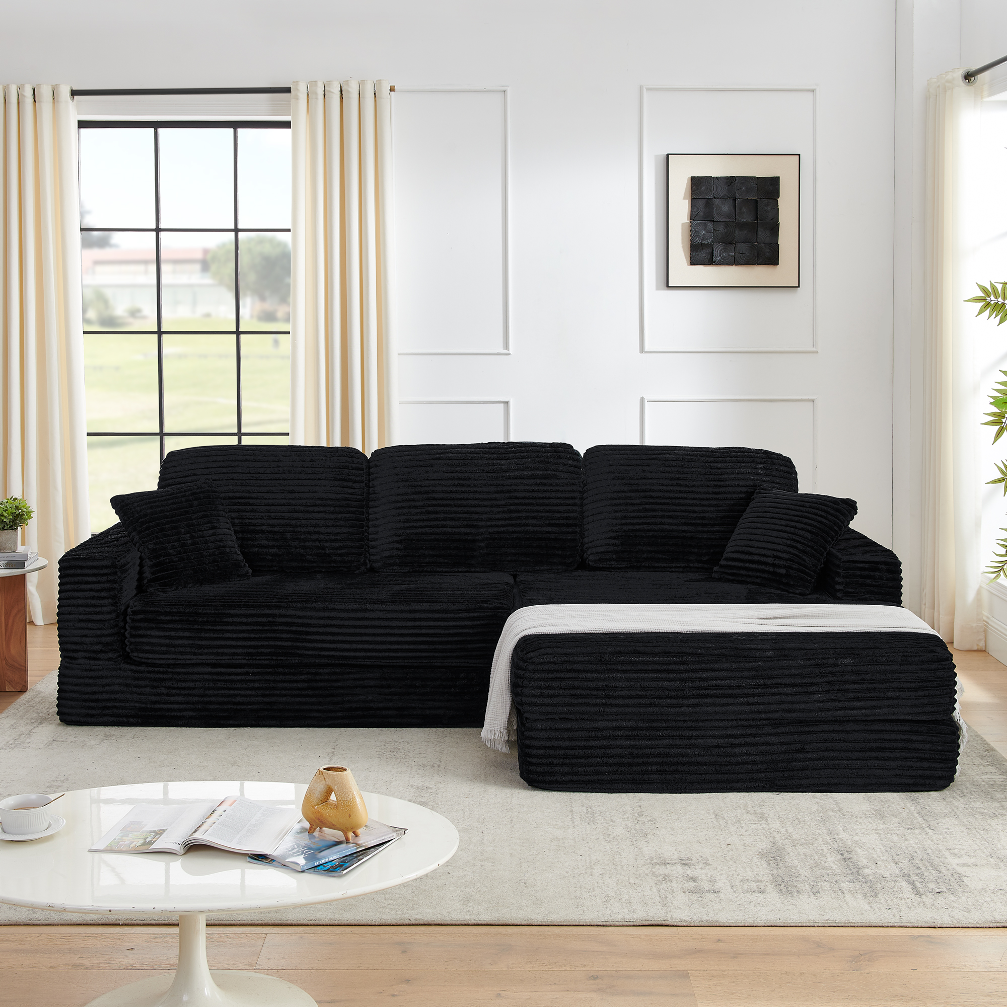 Right sofa seat,L shape Modular Sectional Sofa, Compressed Sectional Sofa Modern Minimalist Style Corduroy Couch,Unfold into a bed, Bedroom, Comfy Compressed Sofa Couch Space-Efficient Design-black - Image 3