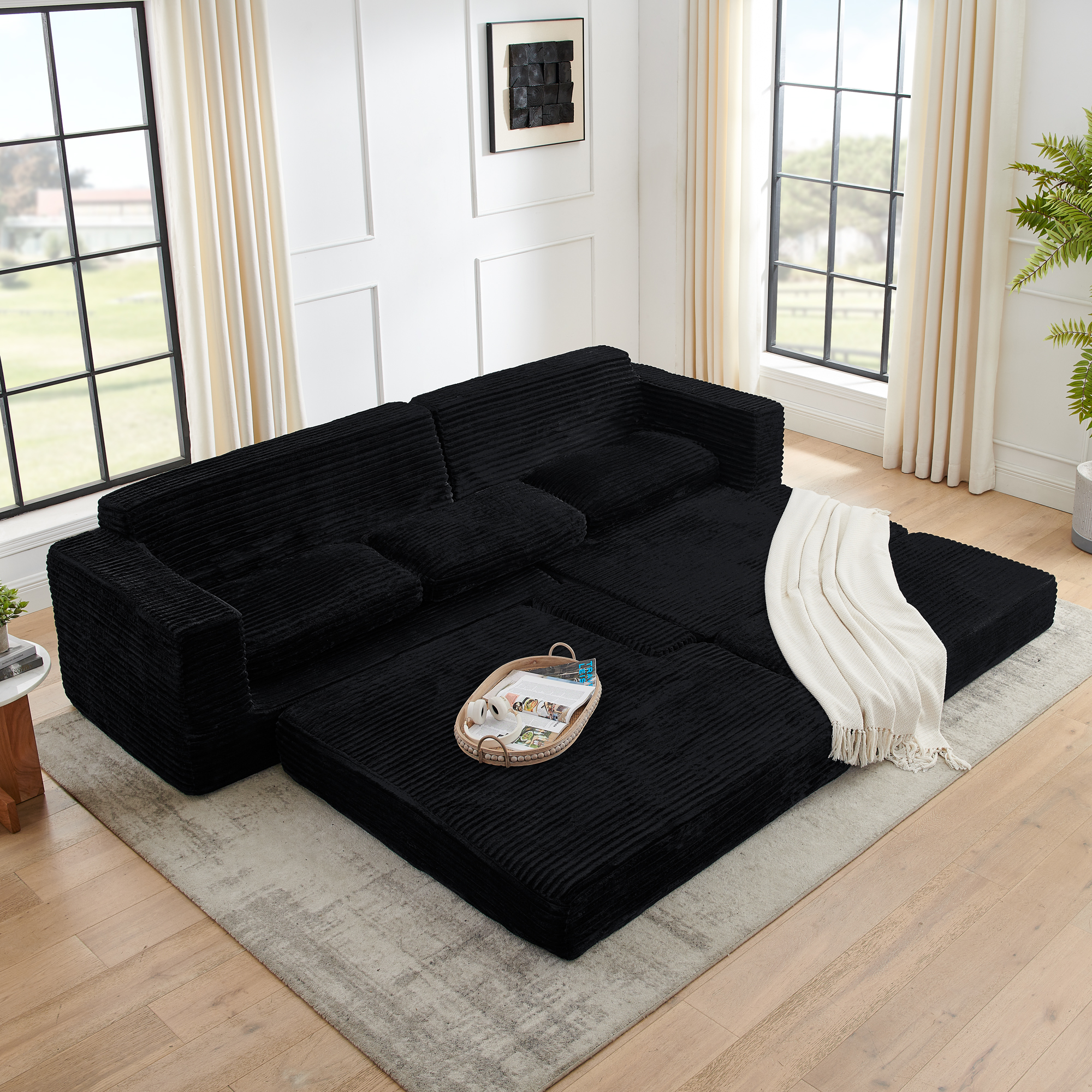 Left sofa seat,L shape Modular Sectional Sofa, Compressed Sectional Sofa Modern Minimalist Style Corduroy Couch,Unfold into a bed, Bedroom, Comfy Compressed Sofa Couch Space-Efficient Design-black - Image 4