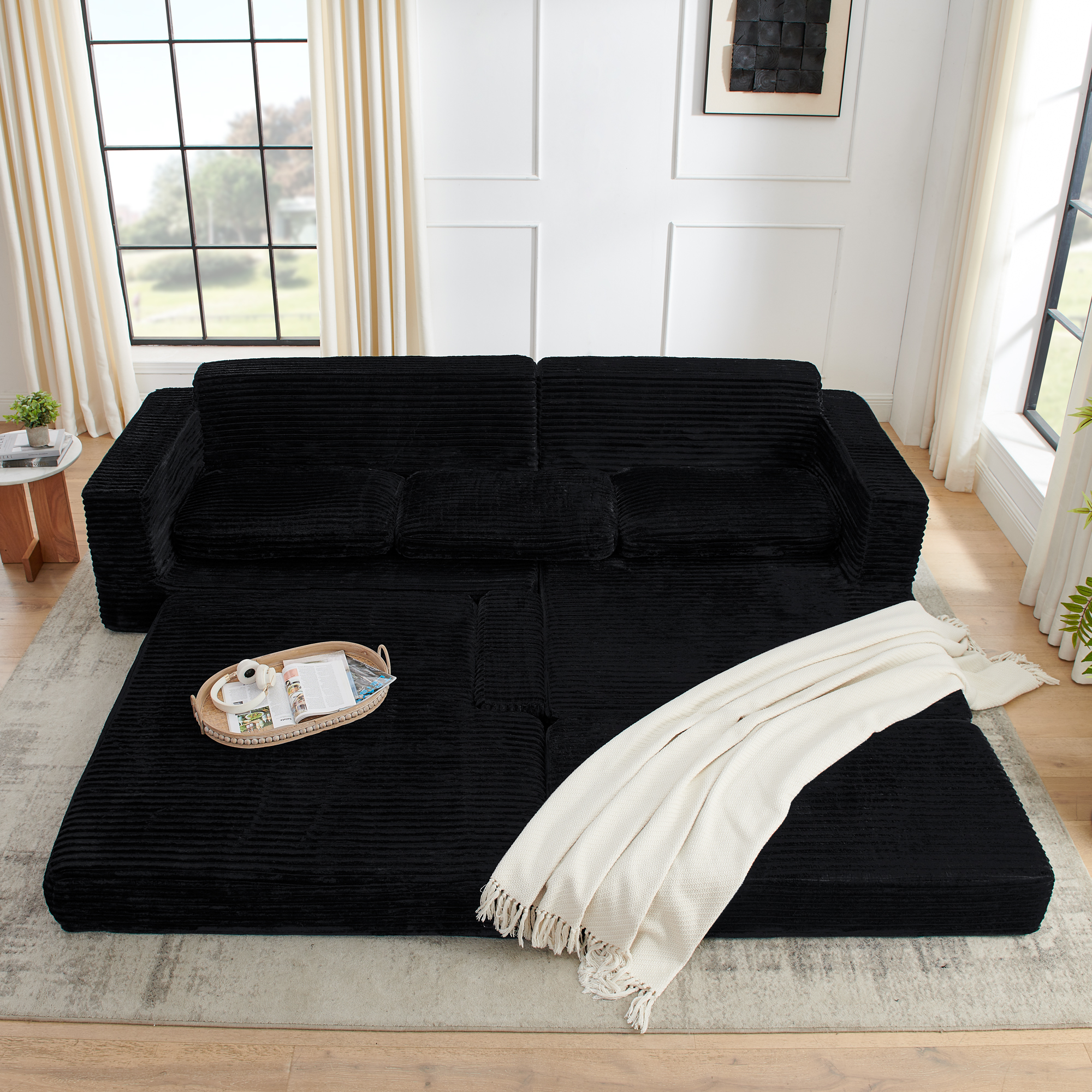 Left sofa seat,L shape Modular Sectional Sofa, Compressed Sectional Sofa Modern Minimalist Style Corduroy Couch,Unfold into a bed, Bedroom, Comfy Compressed Sofa Couch Space-Efficient Design-black - Image 5