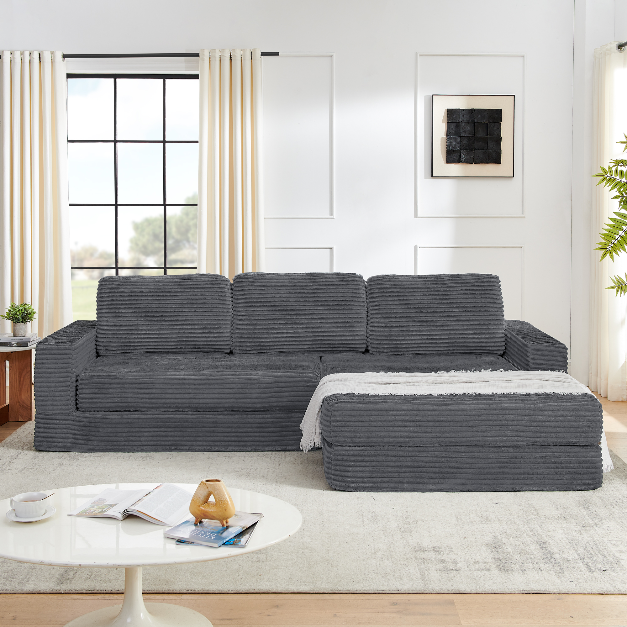 Right sofa seat,L shape Modular Sectional Sofa, Compressed Sectional Sofa Modern Minimalist Style Corduroy Couch,Unfold into a bed, Bedroom, Comfy Compressed Sofa Couch Space-Efficient Design-Gray - Image 3
