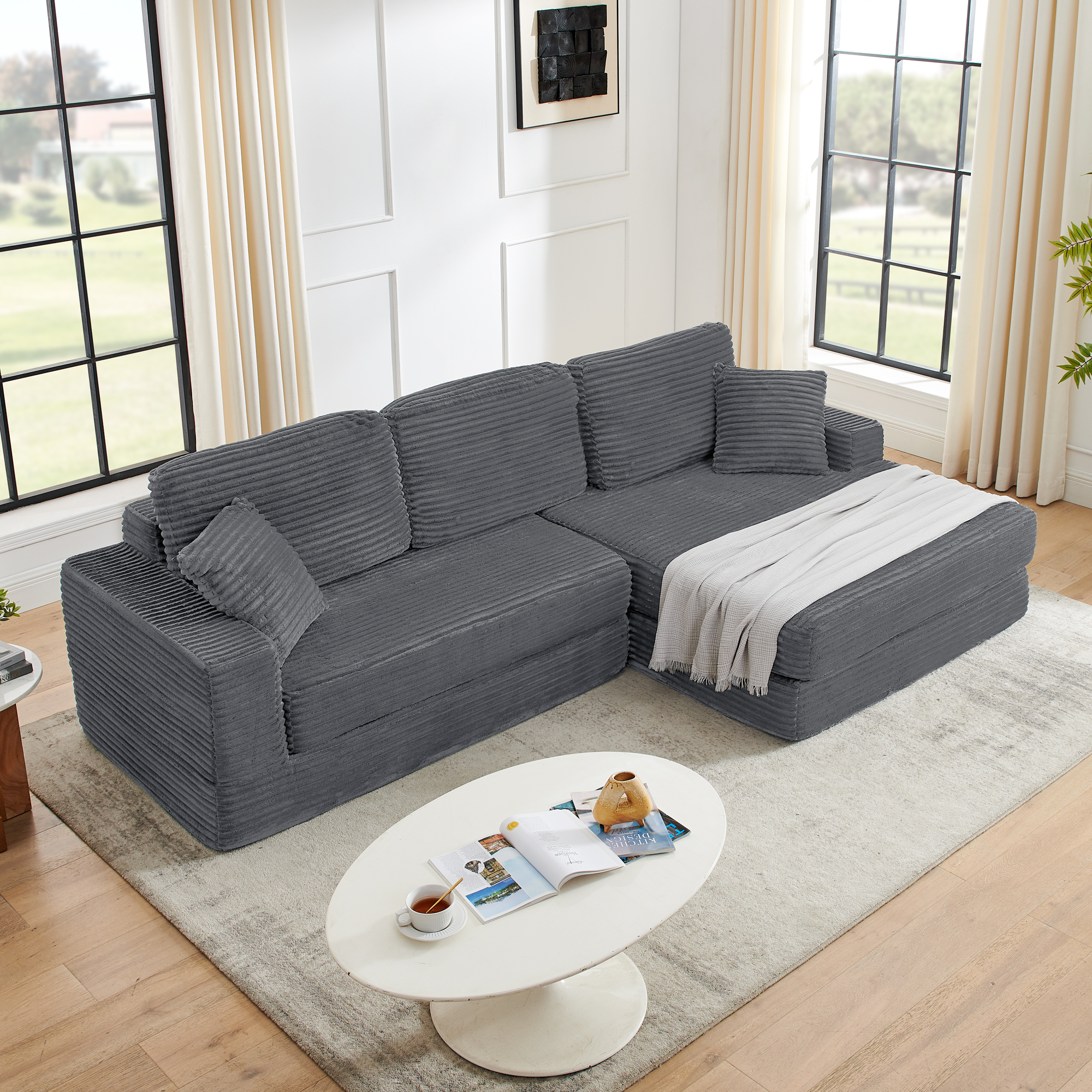 Right sofa seat,L shape Modular Sectional Sofa, Compressed Sectional Sofa Modern Minimalist Style Corduroy Couch,Unfold into a bed, Bedroom, Comfy Compressed Sofa Couch Space-Efficient Design-Gray - Image 2