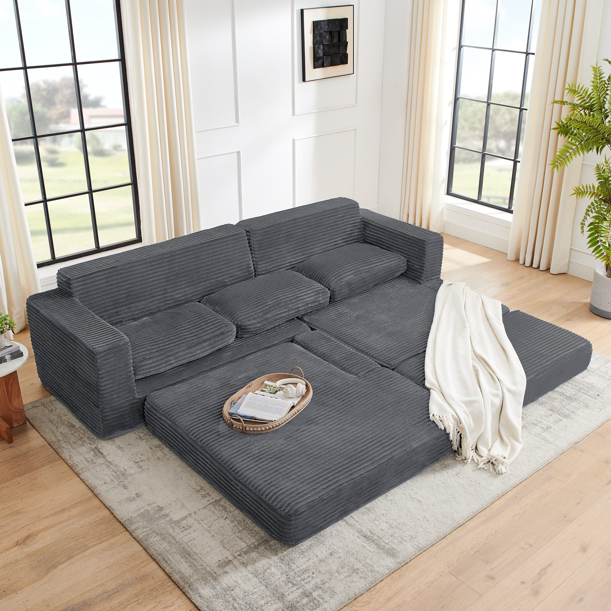 Right sofa seat,L shape Modular Sectional Sofa, Compressed Sectional Sofa Modern Minimalist Style Corduroy Couch,Unfold into a bed, Bedroom, Comfy Compressed Sofa Couch Space-Efficient Design-Gray - Image 4