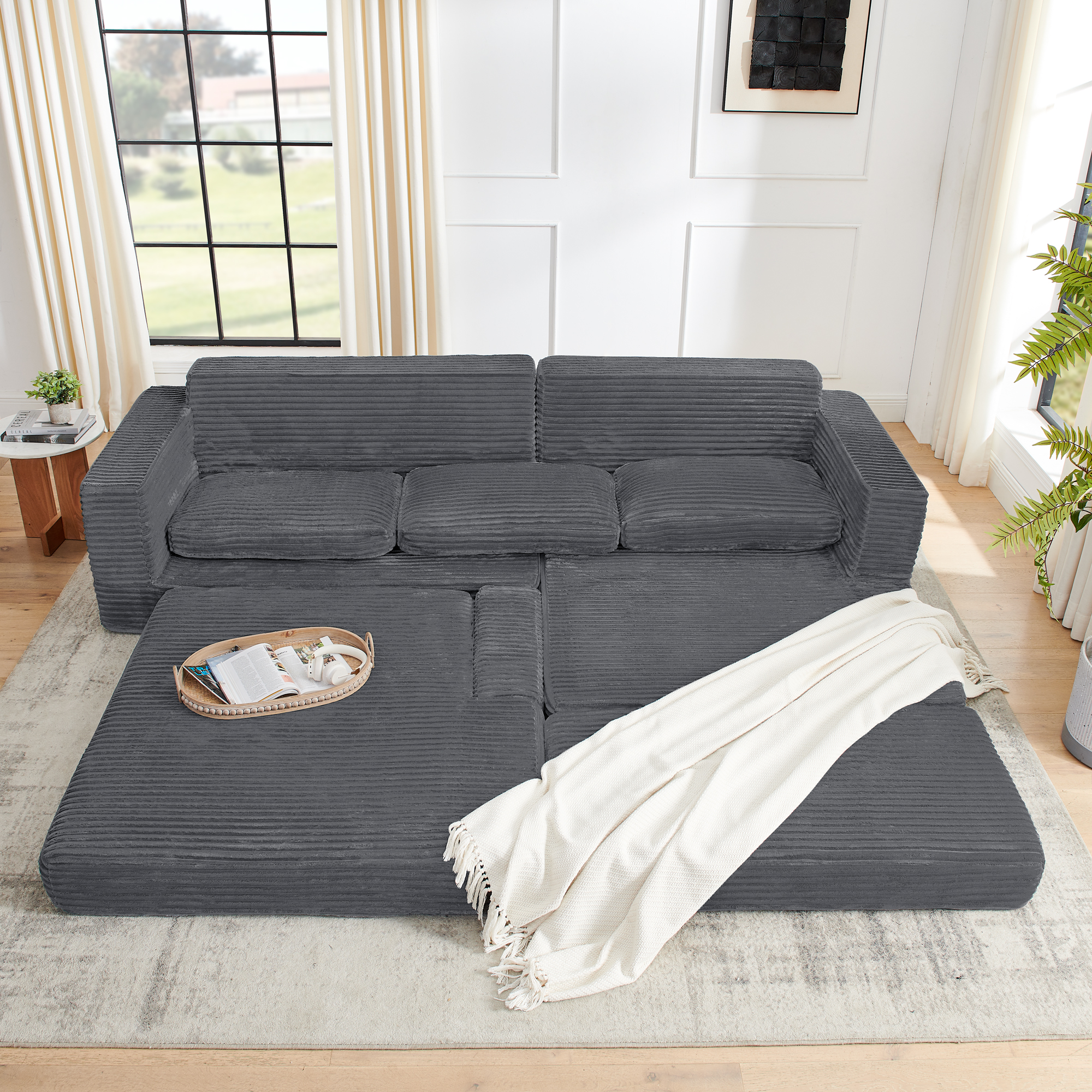 Right sofa seat,L shape Modular Sectional Sofa, Compressed Sectional Sofa Modern Minimalist Style Corduroy Couch,Unfold into a bed, Bedroom, Comfy Compressed Sofa Couch Space-Efficient Design-Gray - Image 5