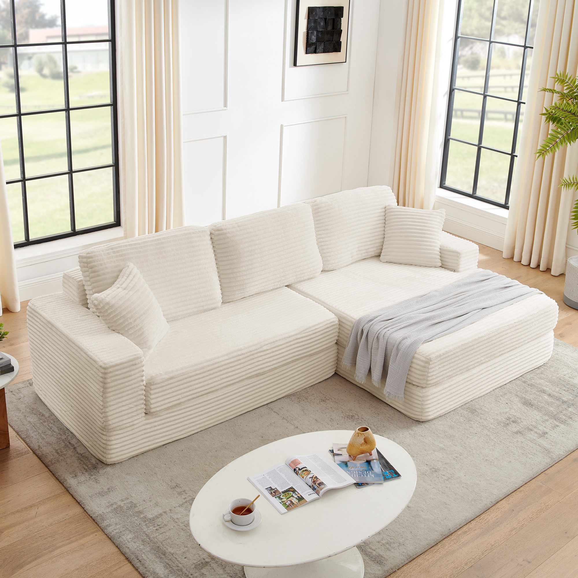 Right sofa seat, L shape Modular Sectional Sofa, Compressed Sectional Sofa Modern Minimalist Style Corduroy Couch,Unfold into a bed, Bedroom, Comfy Compressed Sofa Couch Space-Efficient Design-Beige - Image 2