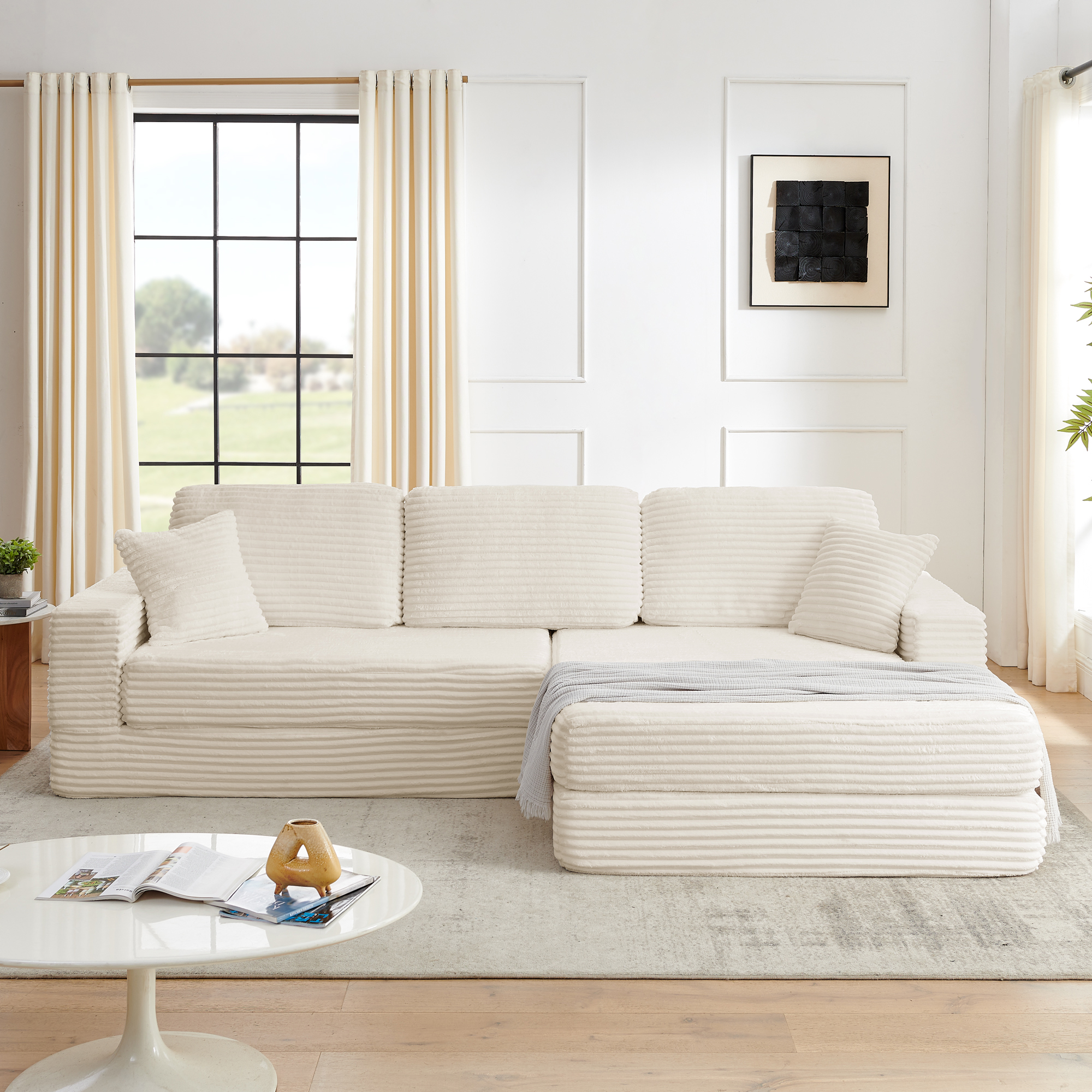 Right sofa seat, L shape Modular Sectional Sofa, Compressed Sectional Sofa Modern Minimalist Style Corduroy Couch,Unfold into a bed, Bedroom, Comfy Compressed Sofa Couch Space-Efficient Design-Beige - Image 3