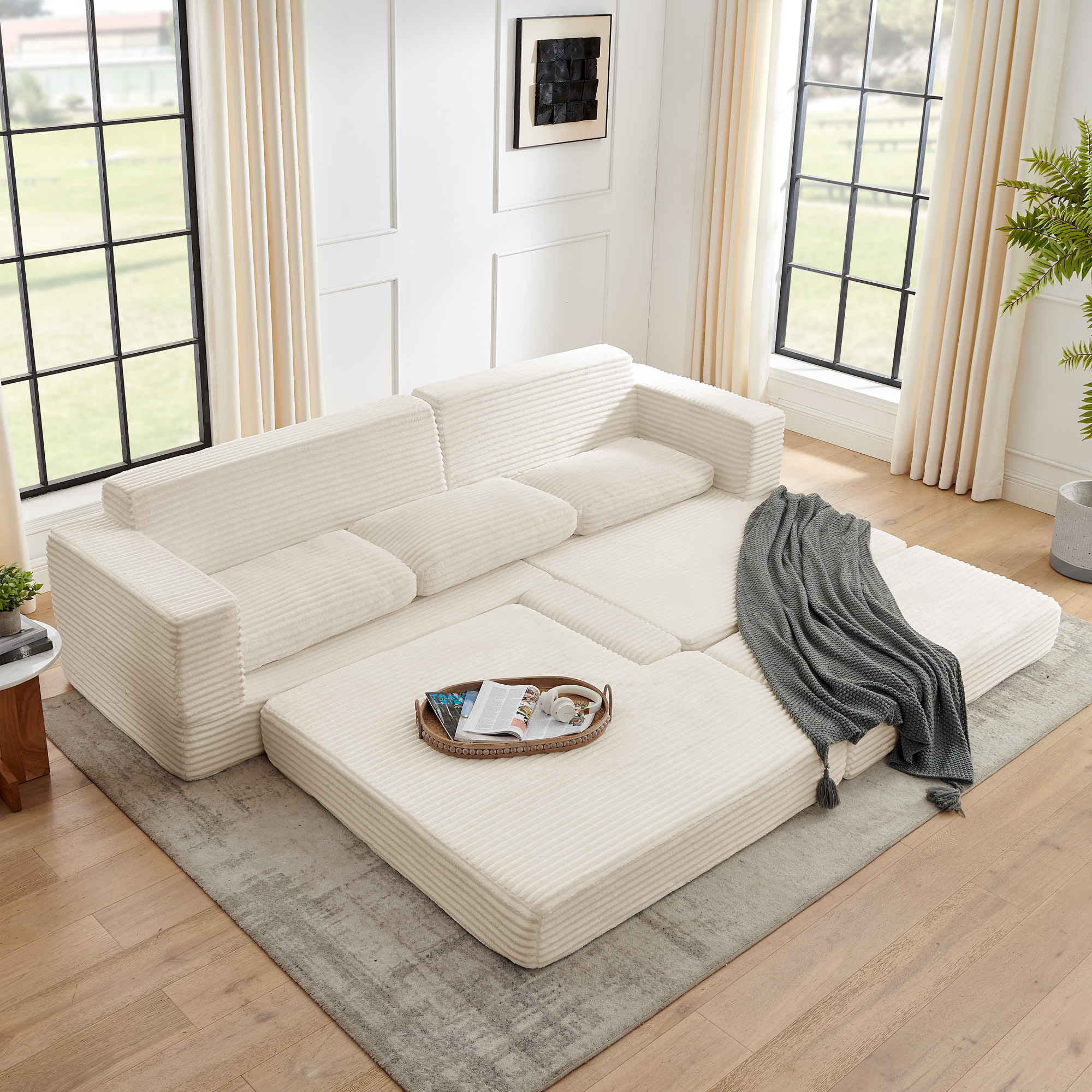 Right sofa seat, L shape Modular Sectional Sofa, Compressed Sectional Sofa Modern Minimalist Style Corduroy Couch,Unfold into a bed, Bedroom, Comfy Compressed Sofa Couch Space-Efficient Design-Beige - Image 4
