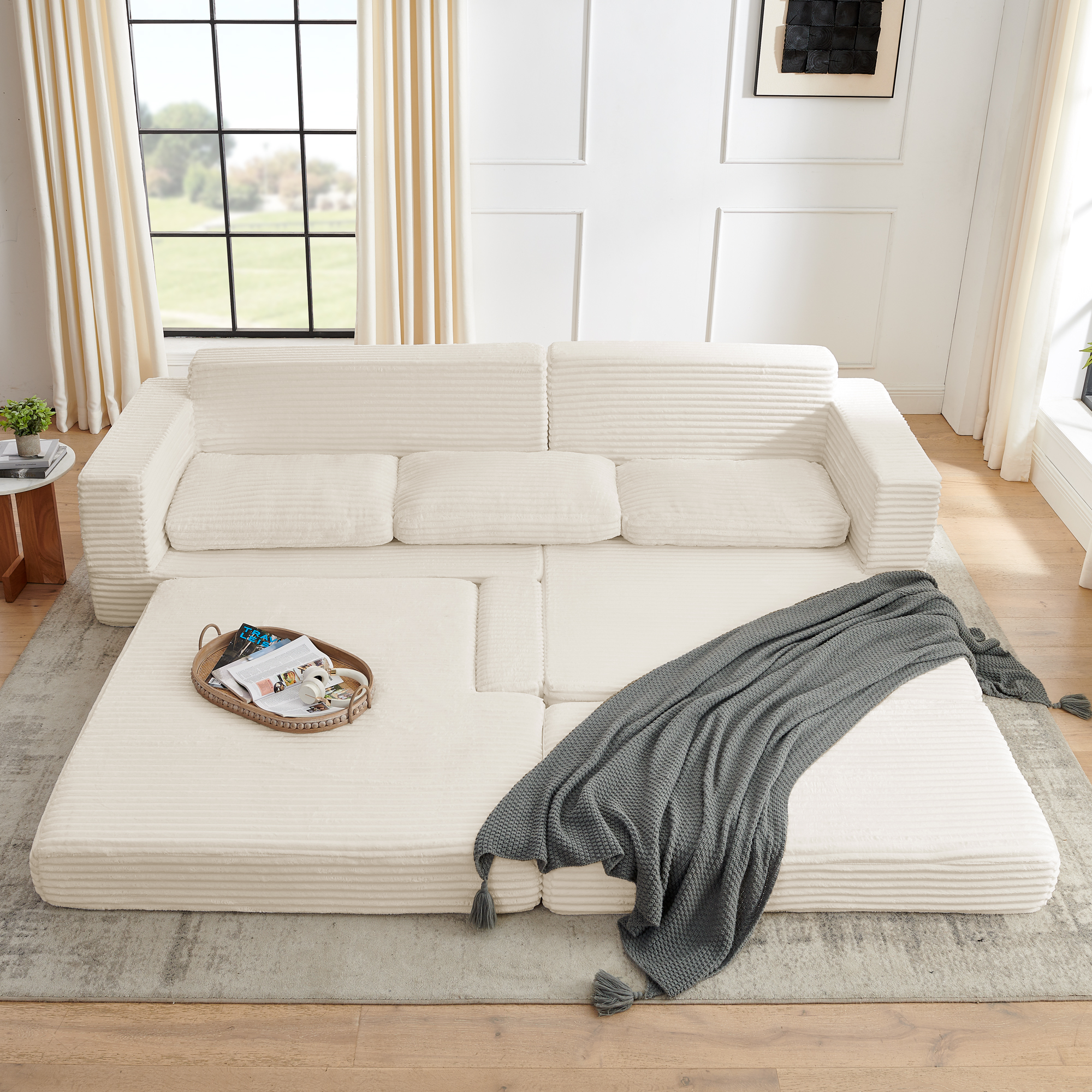 Right sofa seat, L shape Modular Sectional Sofa, Compressed Sectional Sofa Modern Minimalist Style Corduroy Couch,Unfold into a bed, Bedroom, Comfy Compressed Sofa Couch Space-Efficient Design-Beige - Image 5