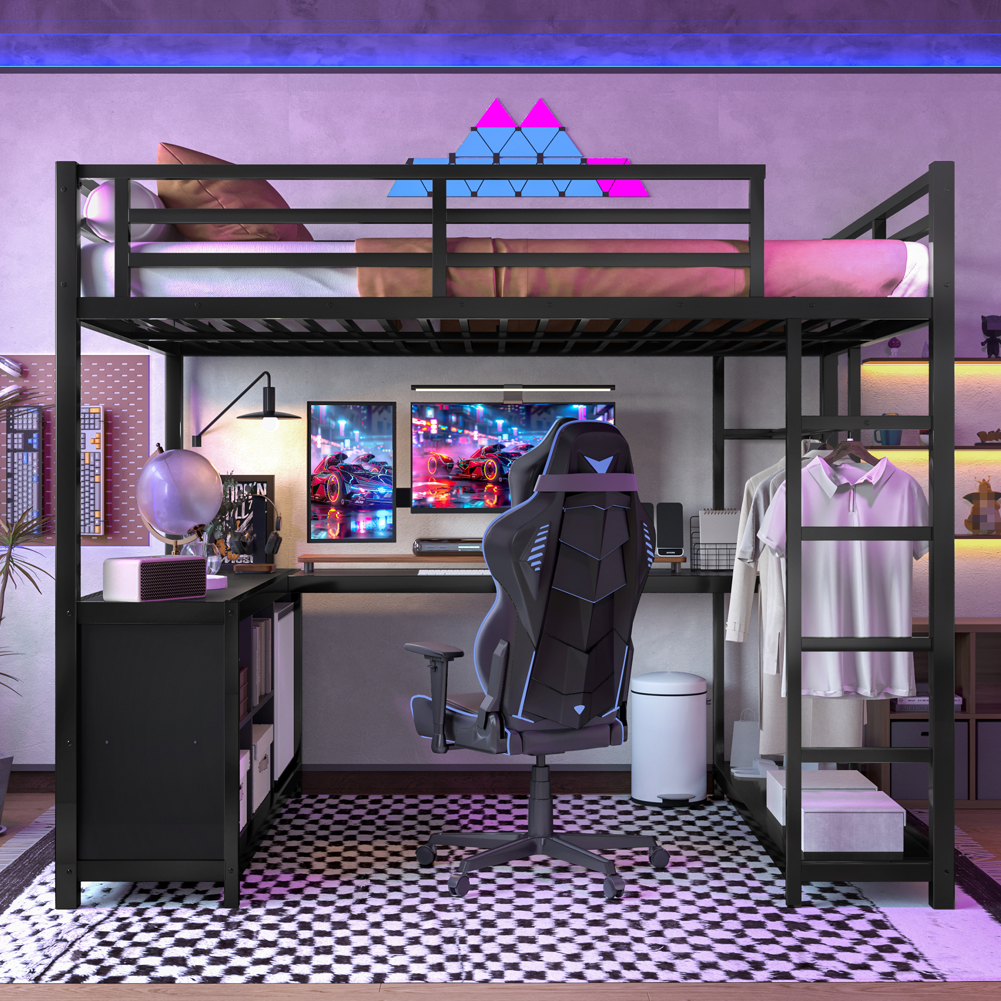 Metal Loft Bed with Wardrobe and L-shaped Desk, Full Size Loft Bed with Storage Cubes and Shelves, Loft Bed for Kids Teens Adults, Black - Image 2