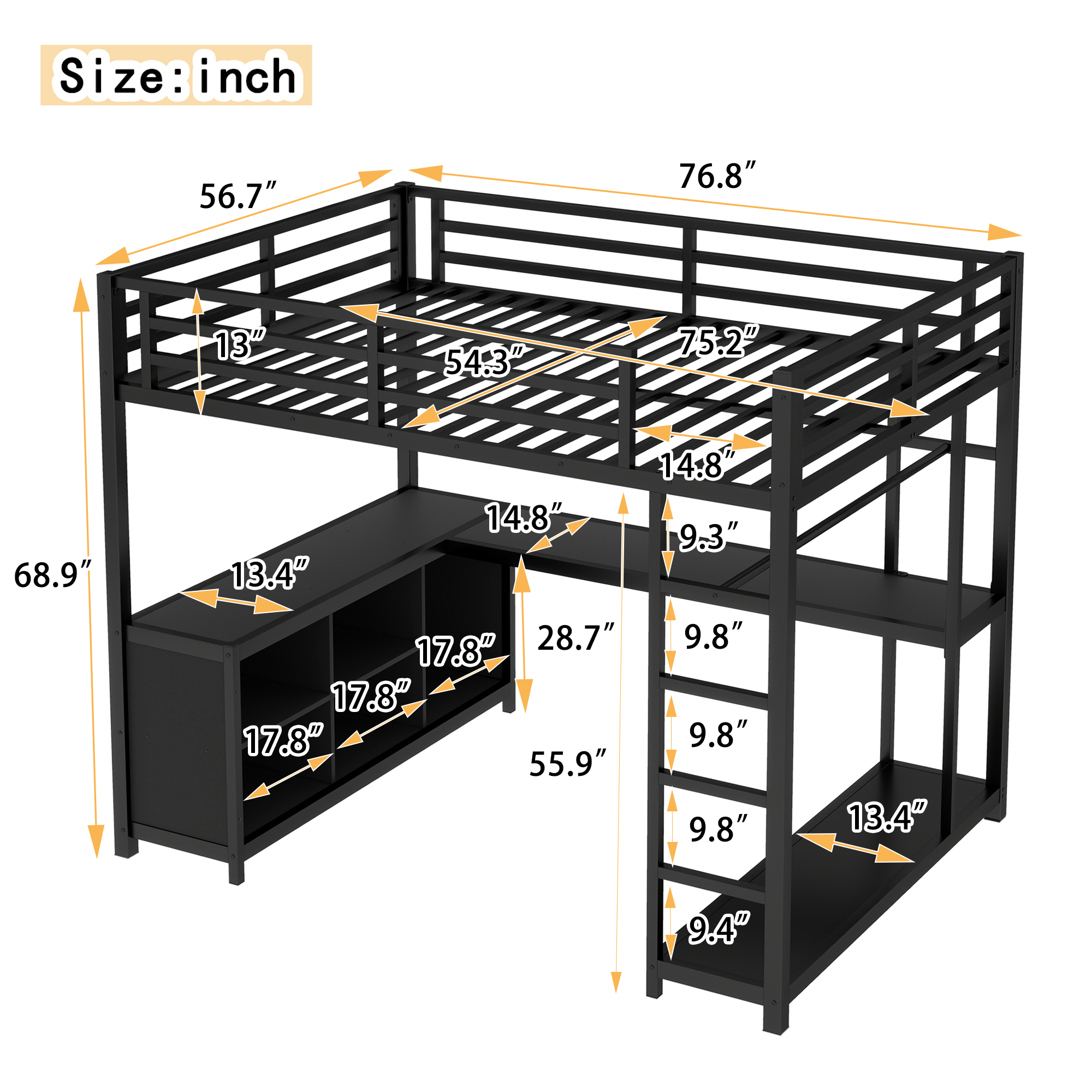 Metal Loft Bed with Wardrobe and L-shaped Desk, Full Size Loft Bed with Storage Cubes and Shelves, Loft Bed for Kids Teens Adults, Black - Image 3