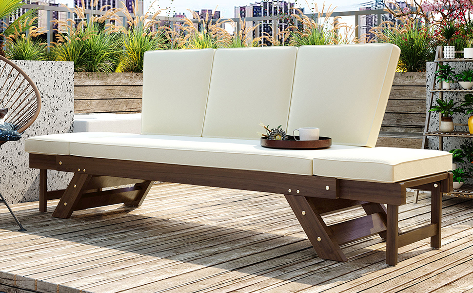 TOPMAX Outdoor Adjustable Patio Wooden Daybed Sofa Chaise Lounge with Cushions for Small Places, Brown Finish+Beige Cushion - Image 3
