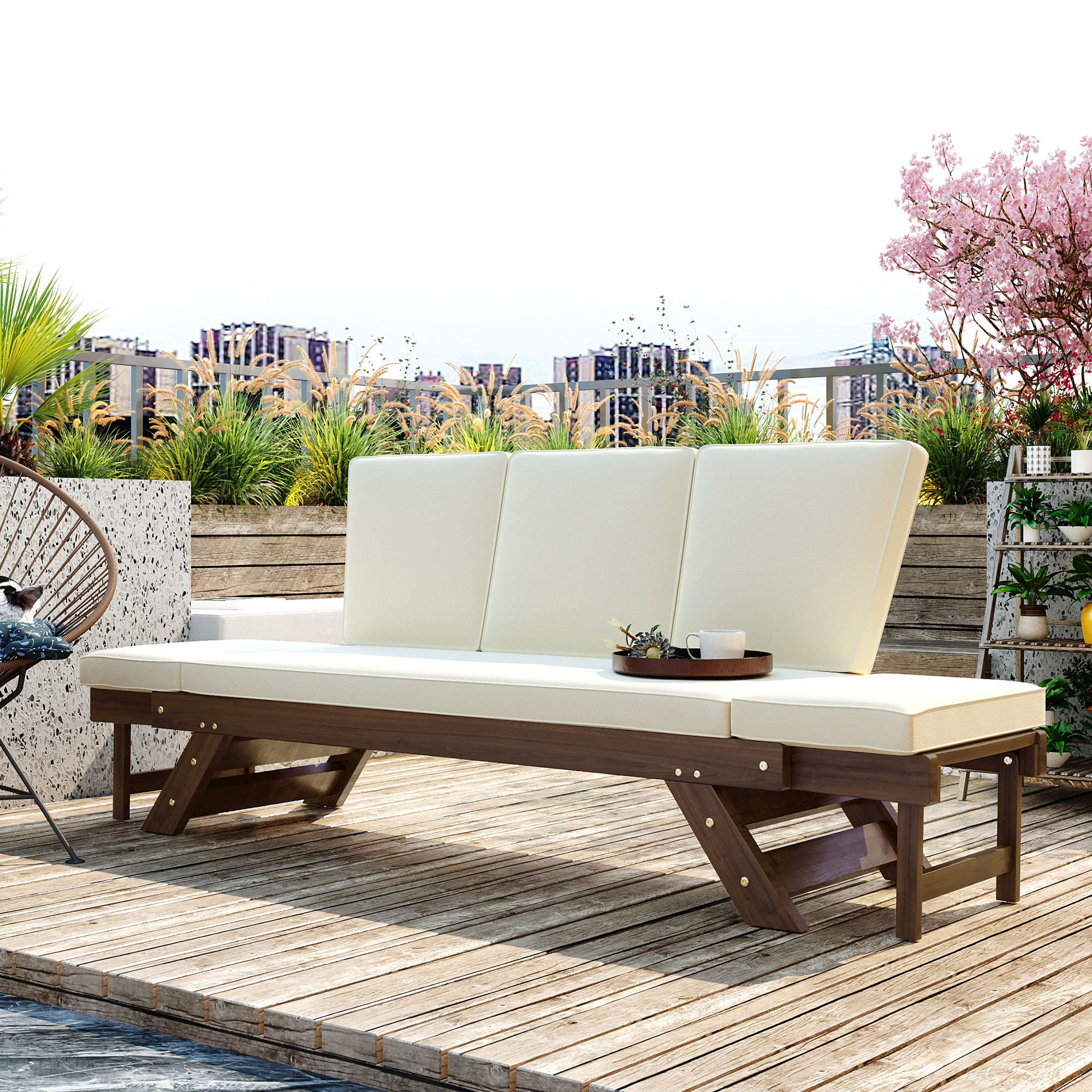 TOPMAX Outdoor Adjustable Patio Wooden Daybed Sofa Chaise Lounge with Cushions for Small Places, Brown Finish+Beige Cushion - Image 5