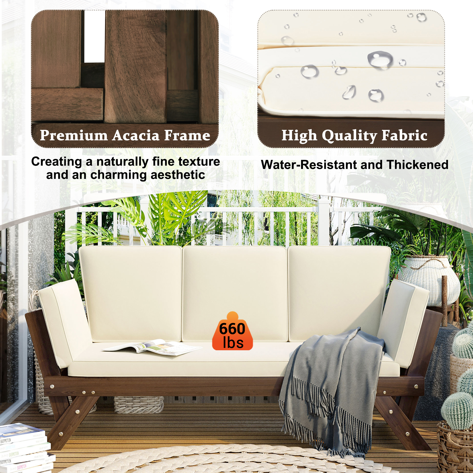 TOPMAX Outdoor Adjustable Patio Wooden Daybed Sofa Chaise Lounge with Cushions for Small Places, Brown Finish+Beige Cushion - Image 6