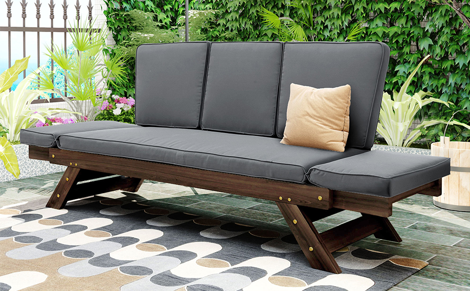 TOPMAX Outdoor Adjustable Patio Wooden Daybed Sofa Chaise Lounge with Cushions for Small Places, Brown Finish+Gray Cushion - Image 3