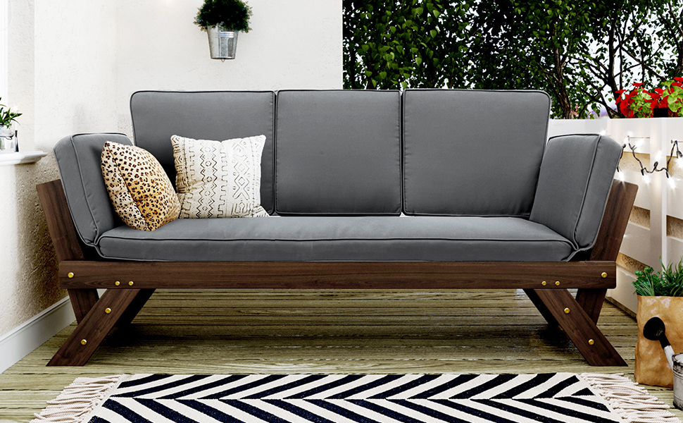 TOPMAX Outdoor Adjustable Patio Wooden Daybed Sofa Chaise Lounge with Cushions for Small Places, Brown Finish+Gray Cushion - Image 4