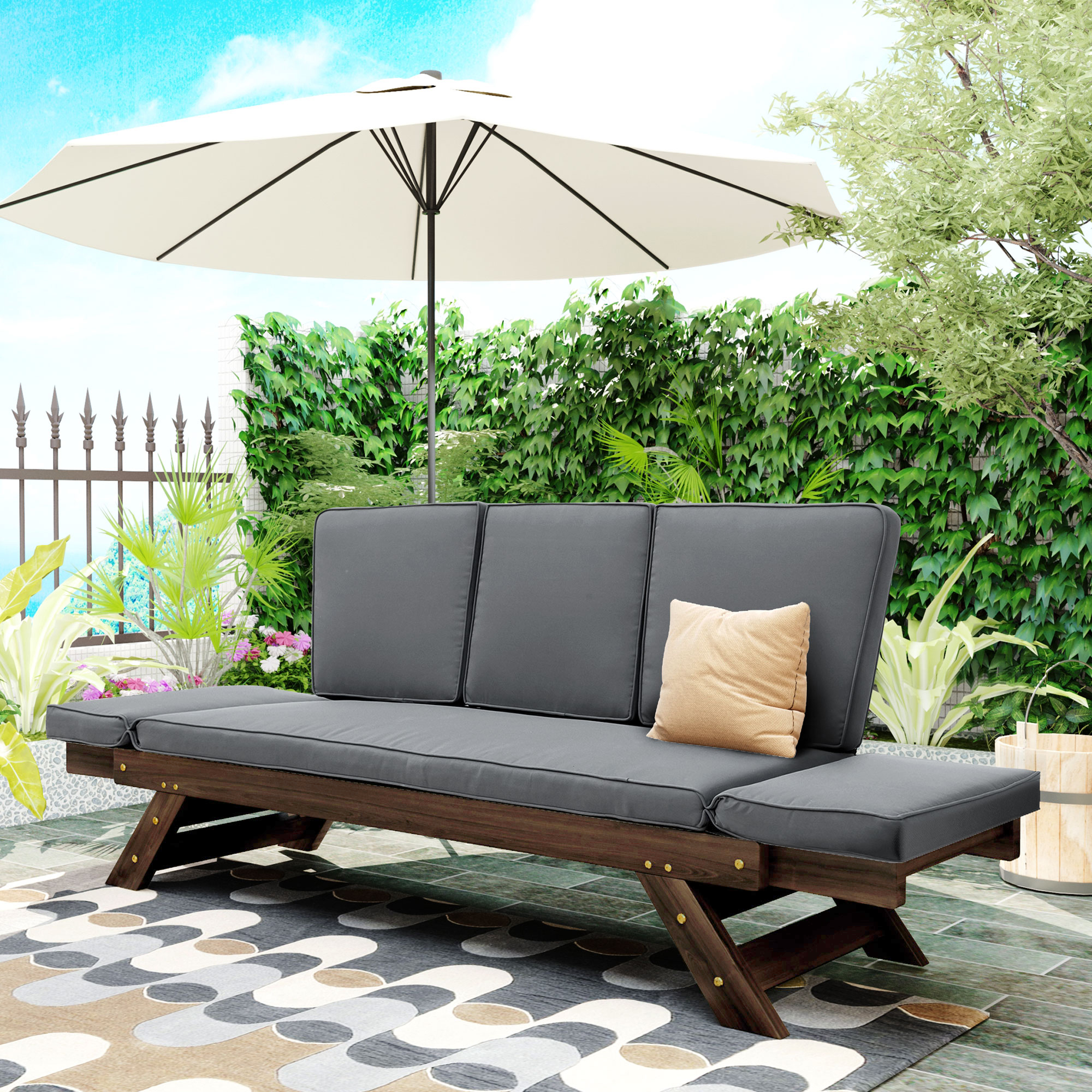 TOPMAX Outdoor Adjustable Patio Wooden Daybed Sofa Chaise Lounge with Cushions for Small Places, Brown Finish+Gray Cushion - Image 5
