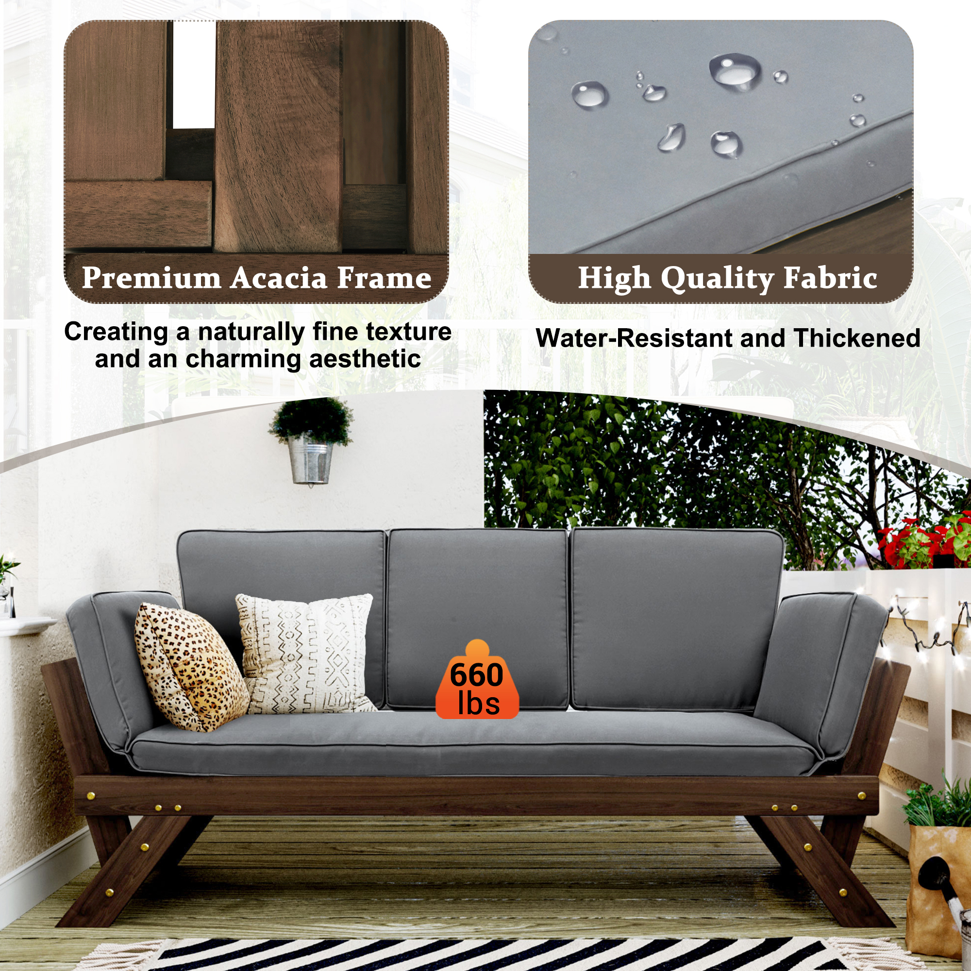 TOPMAX Outdoor Adjustable Patio Wooden Daybed Sofa Chaise Lounge with Cushions for Small Places, Brown Finish+Gray Cushion - Image 6