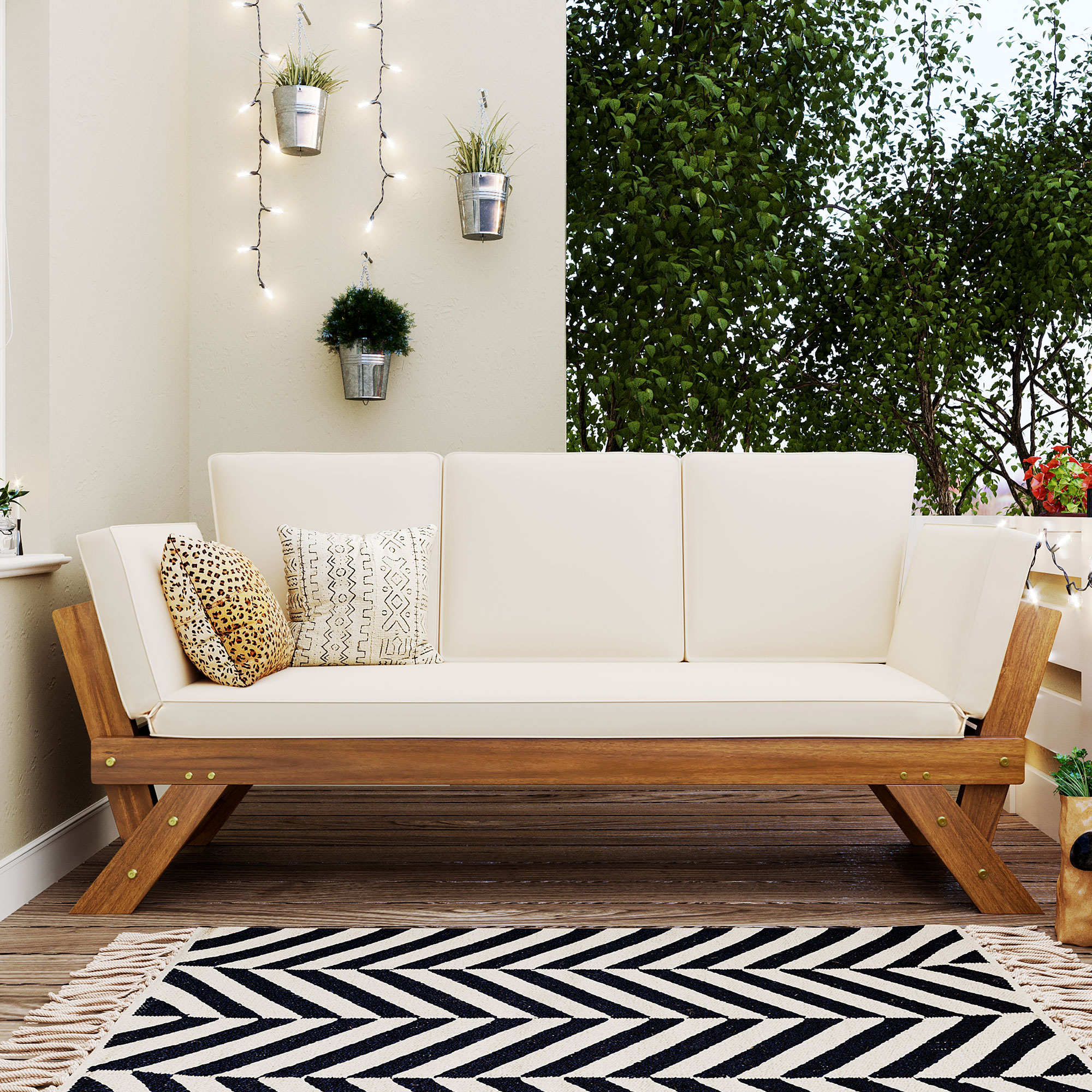 TOPMAX Outdoor Adjustable Patio Wooden Daybed Sofa Chaise Lounge with Cushions for Small Places, Natural Finish+Beige Cushion